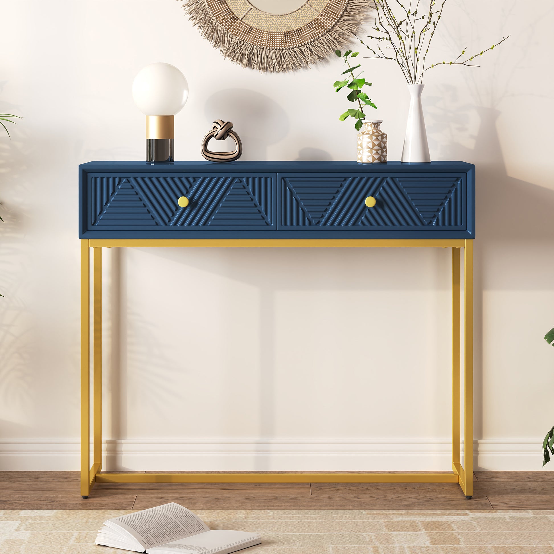 Jessalyn Modern 2-Drawer Console Table with Gold Legs, Navy