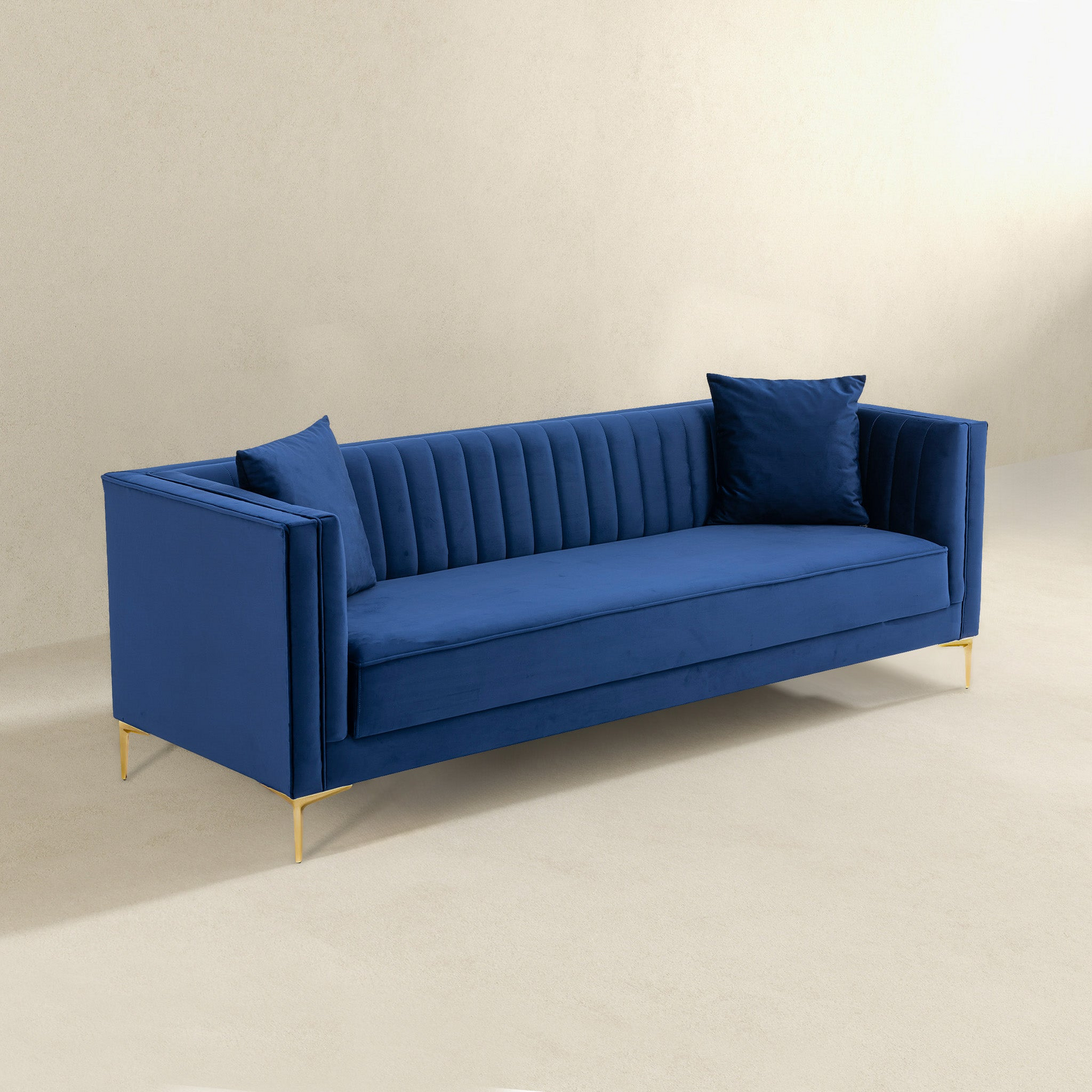 Angelina 91" Modern Velvet Upholstered Sofa, Dark Blue