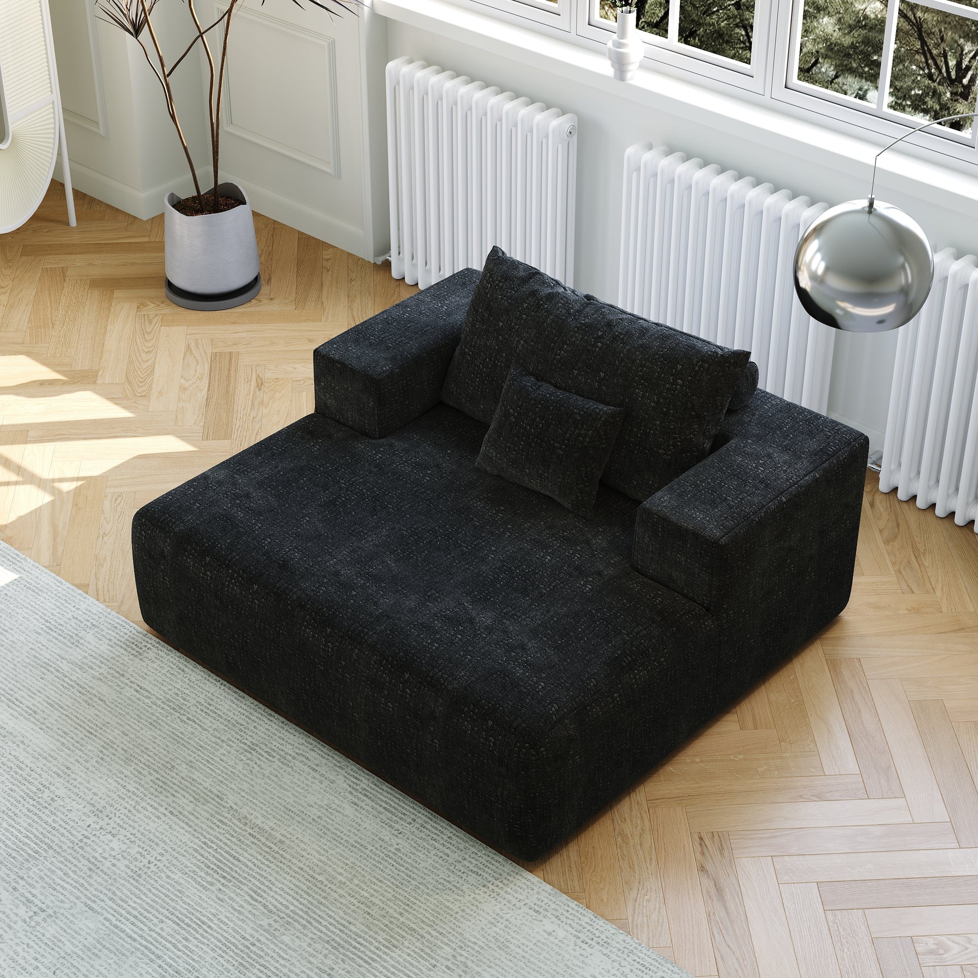 50-inch Chenille Sponge Sofa Lounge Black Fluffy Modern Sleeper Chair