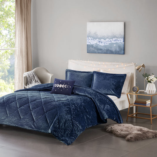 Navy Blue Velvet Comforter Set with Throw Pillow, Blue