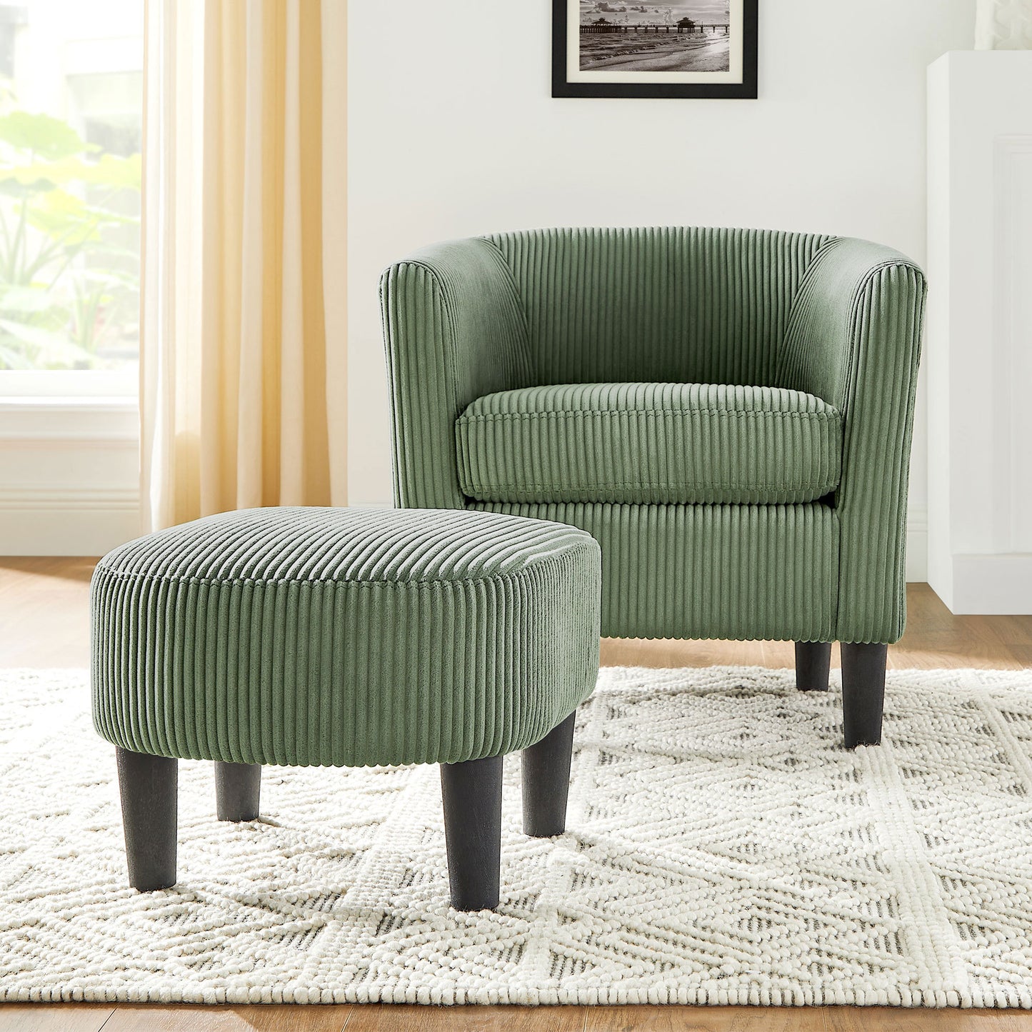 Xara Modern Corduroy Upholstered Chair & Ottoman Set, Green