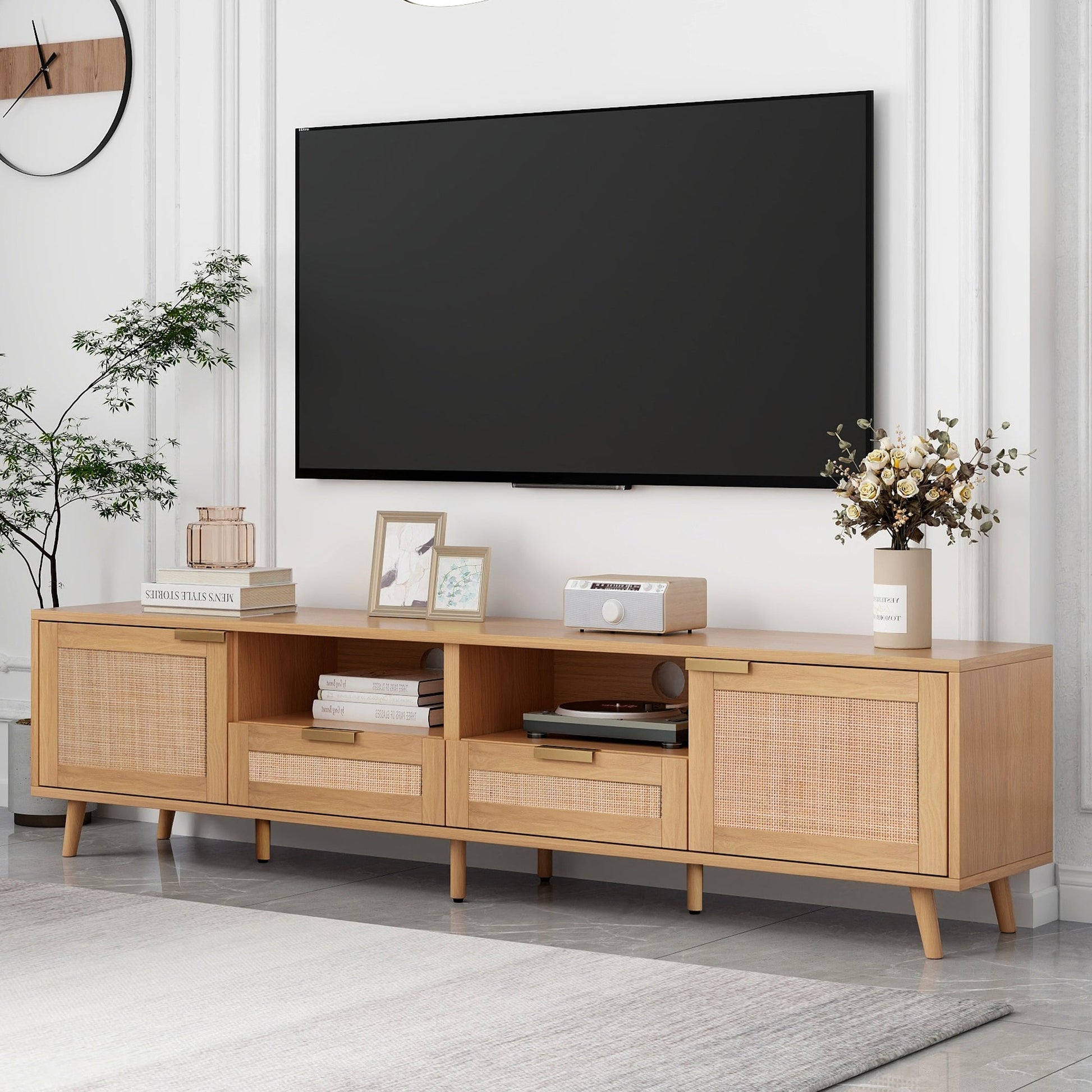 Franklin Mid-Century Modern TV Stand with Rattan Doors - Natural