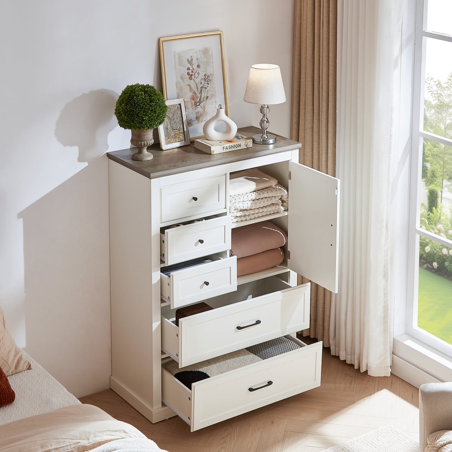 Farmhouse Style 5-Drawer Door Chest in White