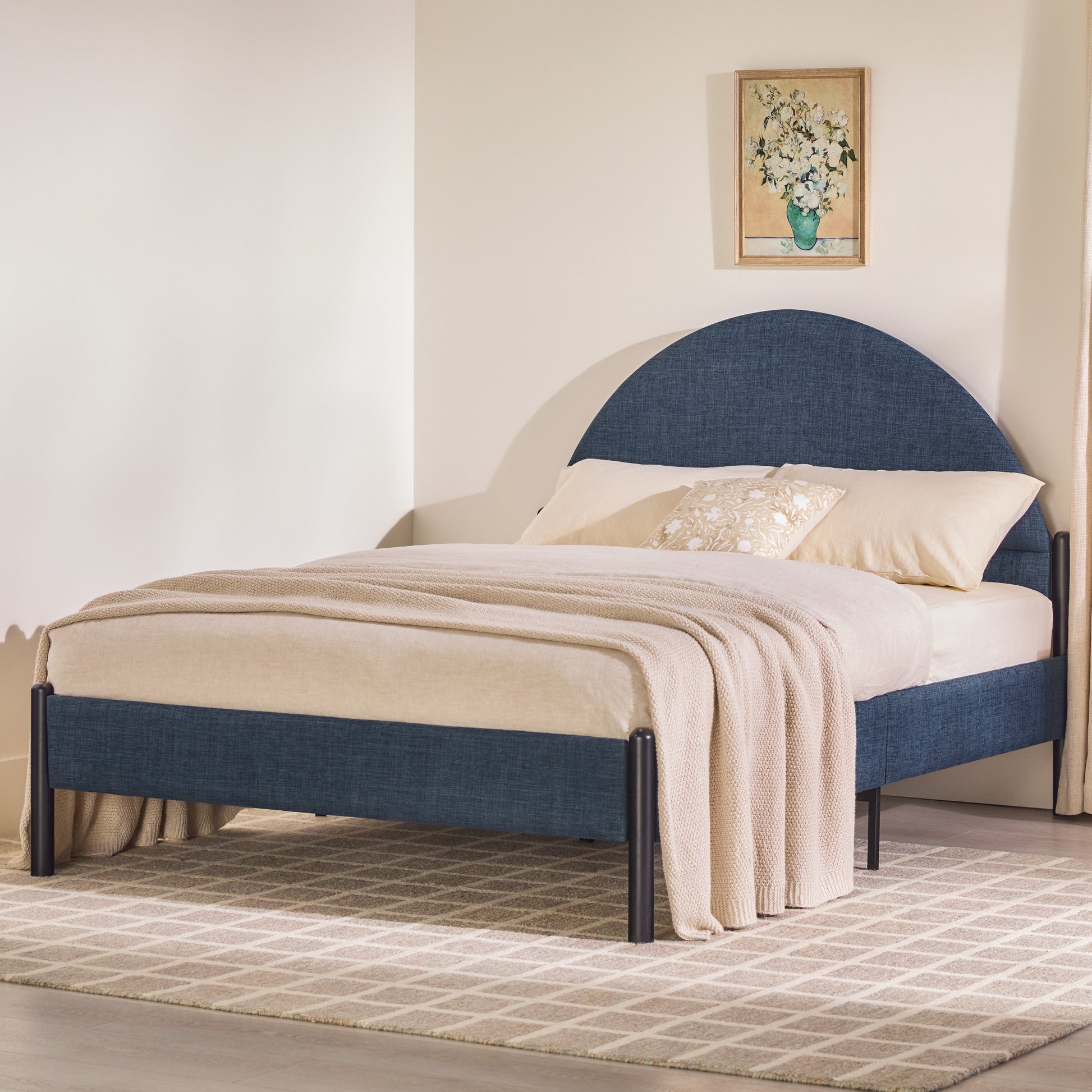 Alina Modern Upholstered Curved Headboard Queen Bed – Blue