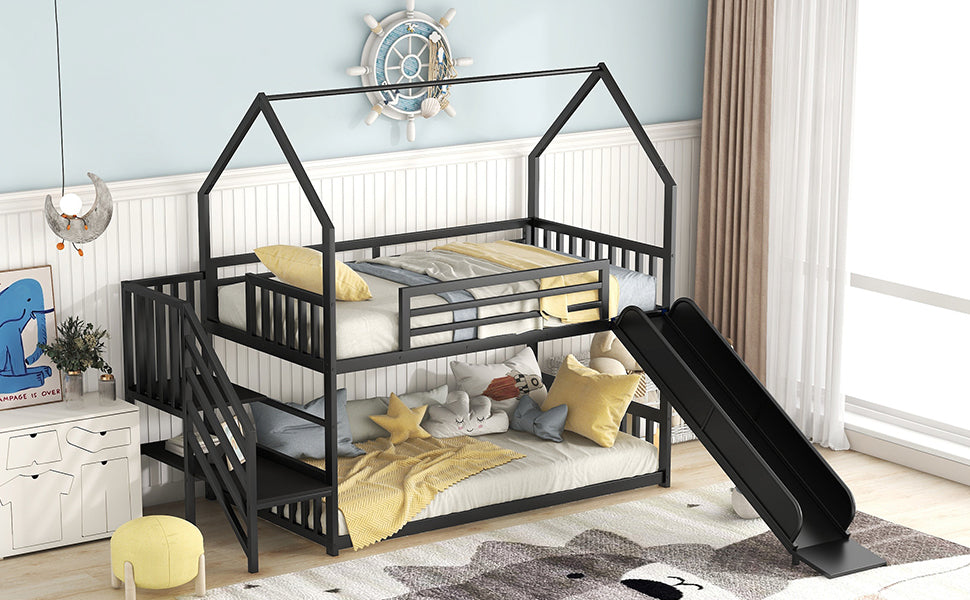 Daniel Twin over Twin Metal Bunk Bed House Bed with Slide and Staircase, Black