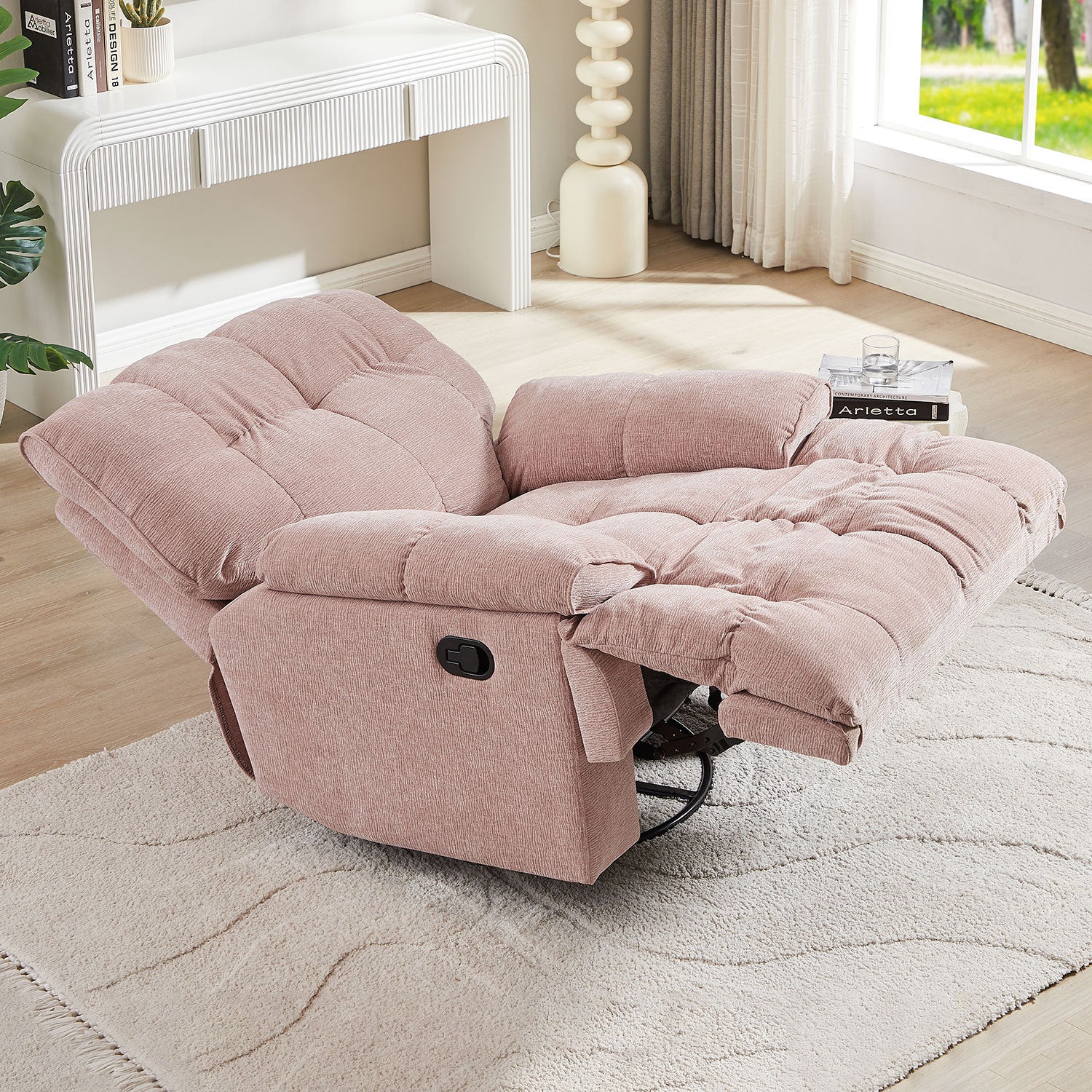 Ysella 360° Upholstered Swivel Reclining Chair with Pillow Arm, Pink