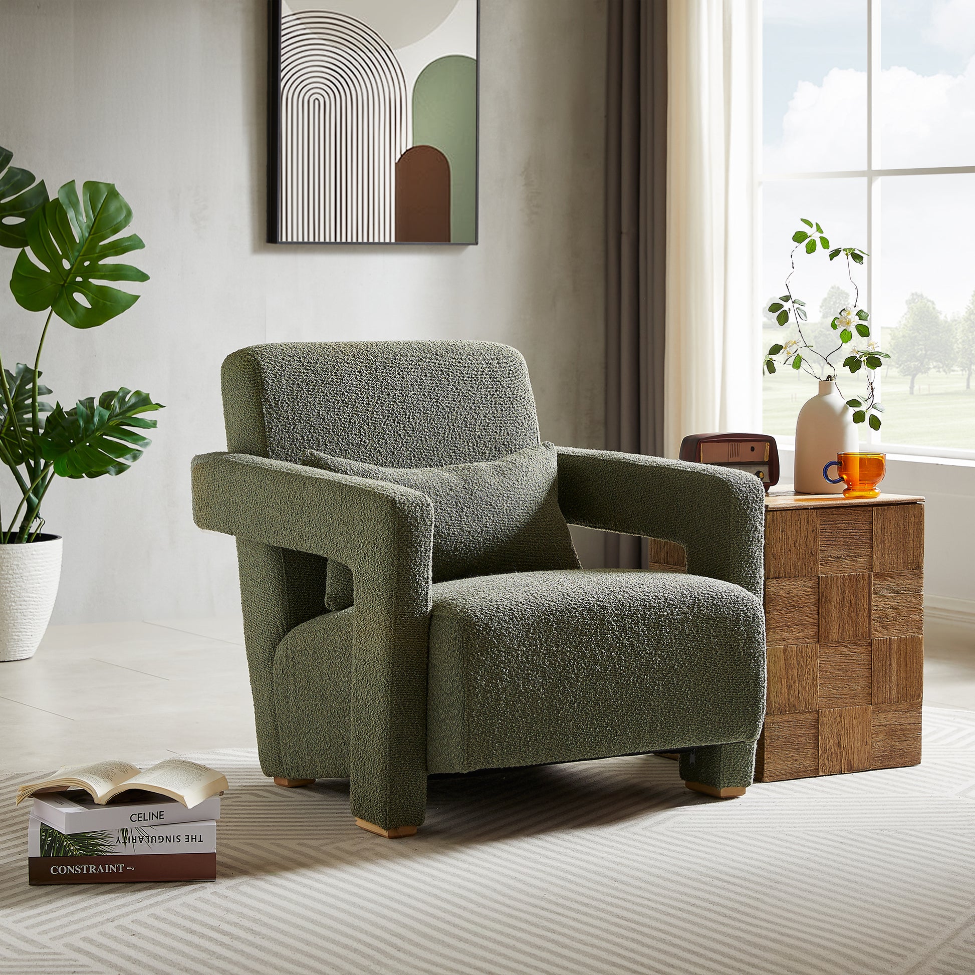 Axel Mid-Century Modern Boucle Arm Chair with Lumbar Pillow, Green