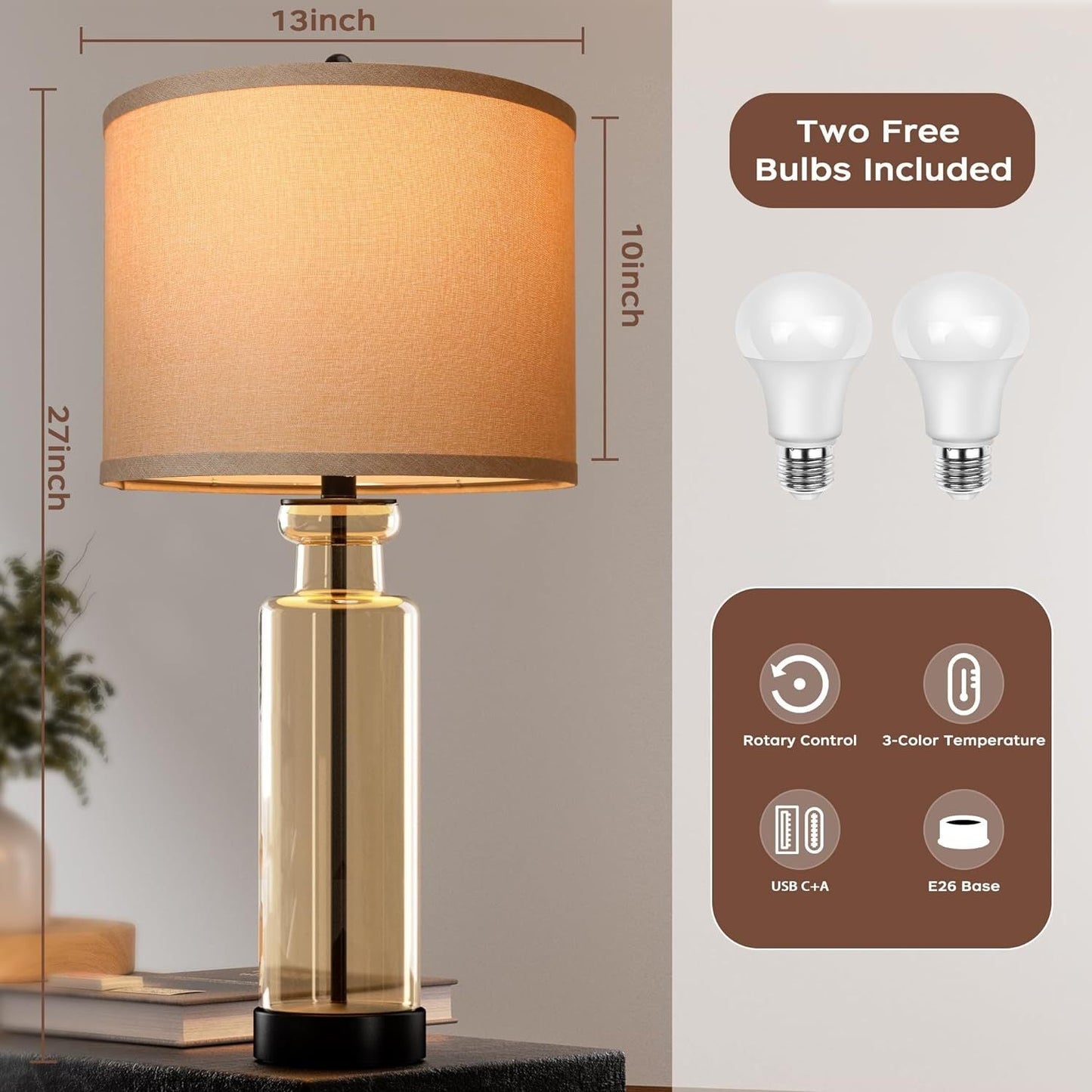 Set of 2 Table Lamps with 3 Color Temperature & Charging