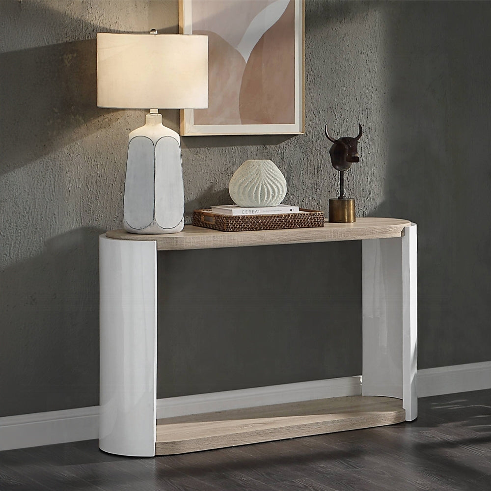 Oriel Oak and White High Gloss Sofa Table with Bottom Shelf