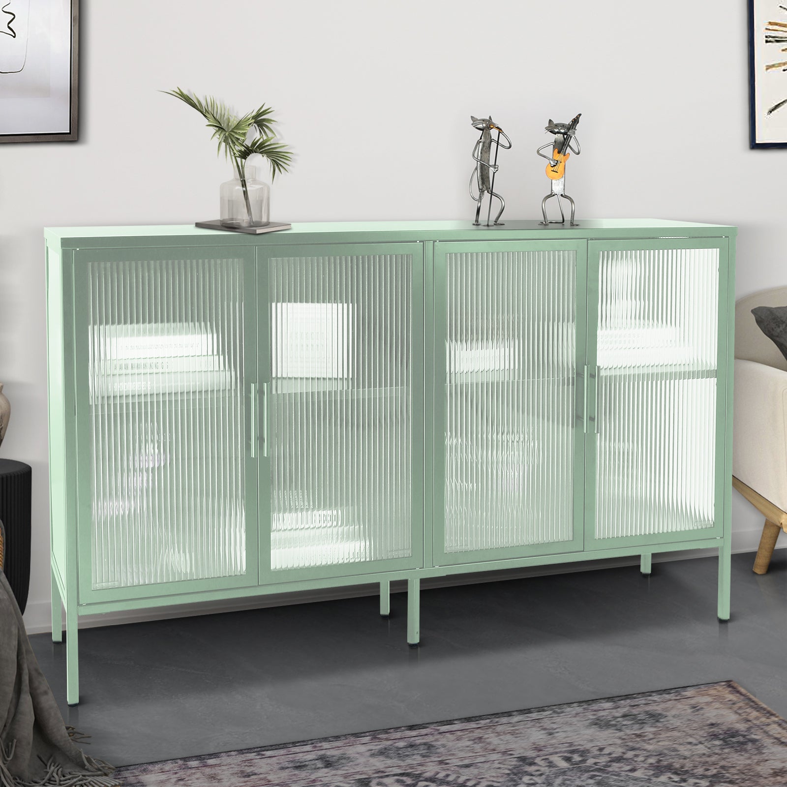 Zane 4-Door Metal Accent Cabinet with Tempered Glass Doors, Light Green