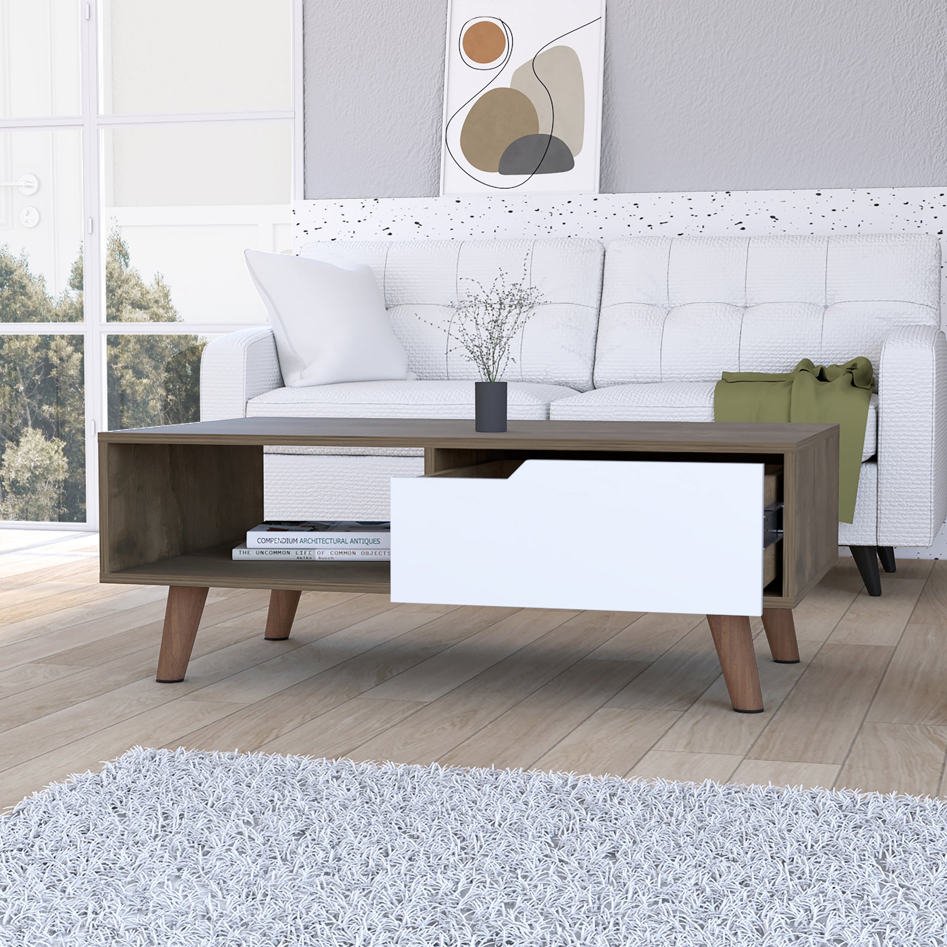 Dark Brown and White 1-Drawer 1-Shelf Rectangle Coffee Table