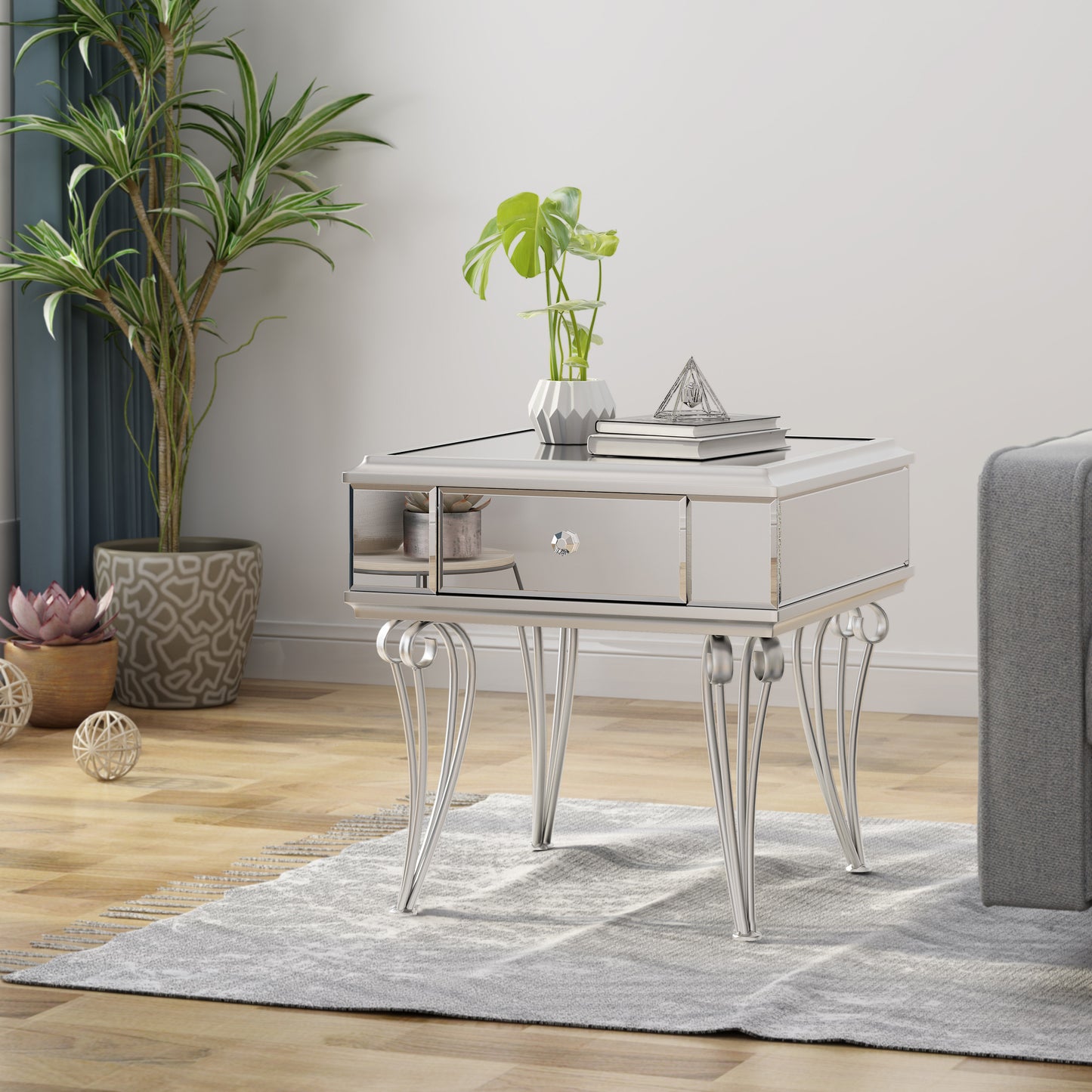 Everly Mirrored Side Table with Silver Legs