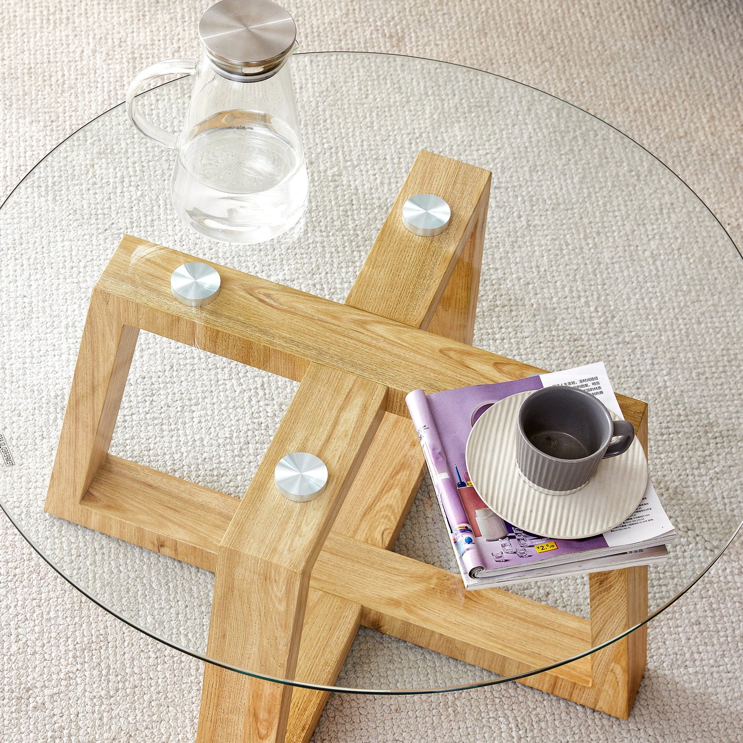 Ashlyn Mid-Century Modern Coffee Table with Glass Top - Brown