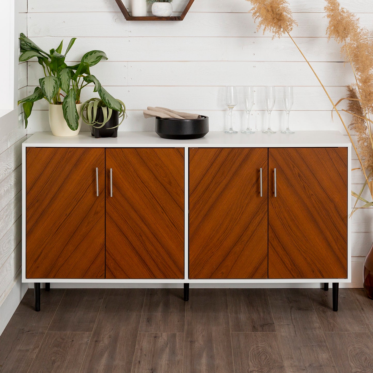 Cassandra Mid-Century Modern Faux-Bookmatch Door Buffet - White/Teak