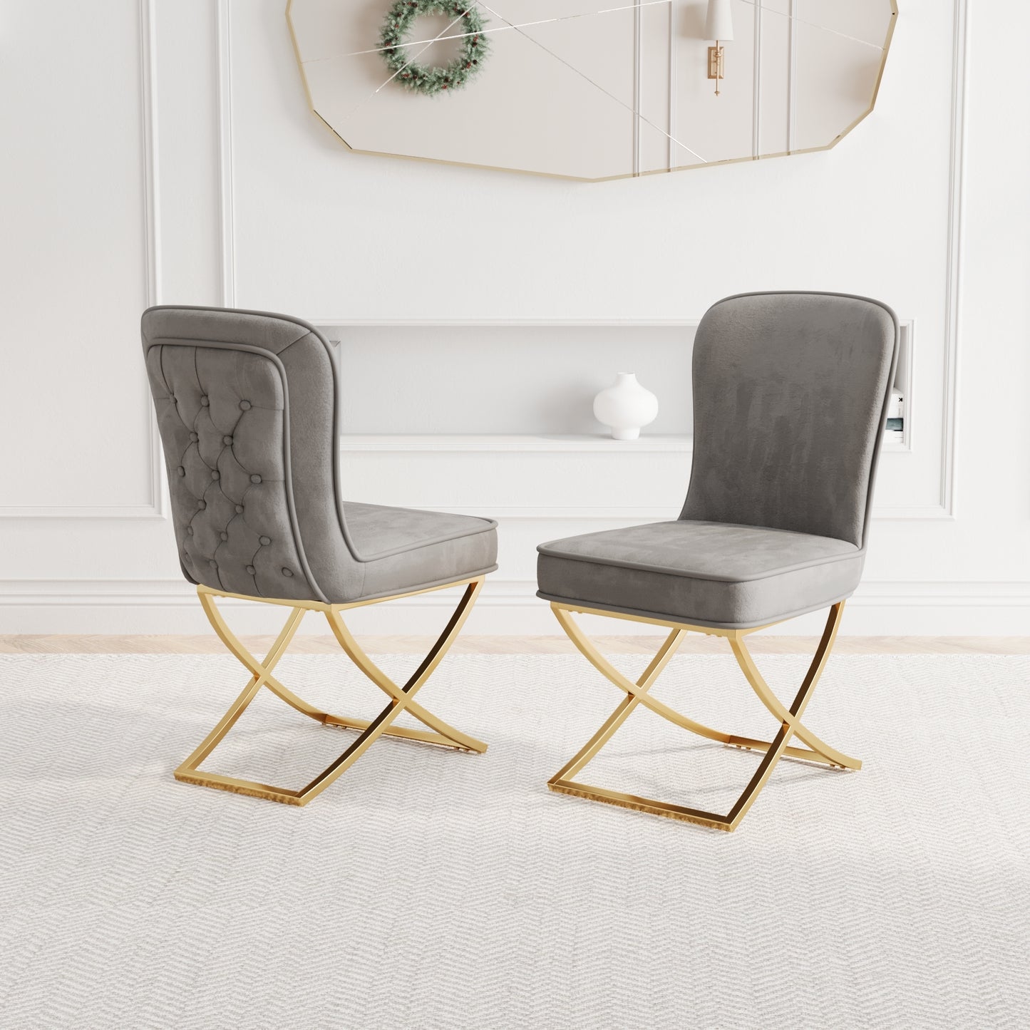 Modern Elegance Velvet Dining Chairs with Golden Metal Legs Set of 2 Grey