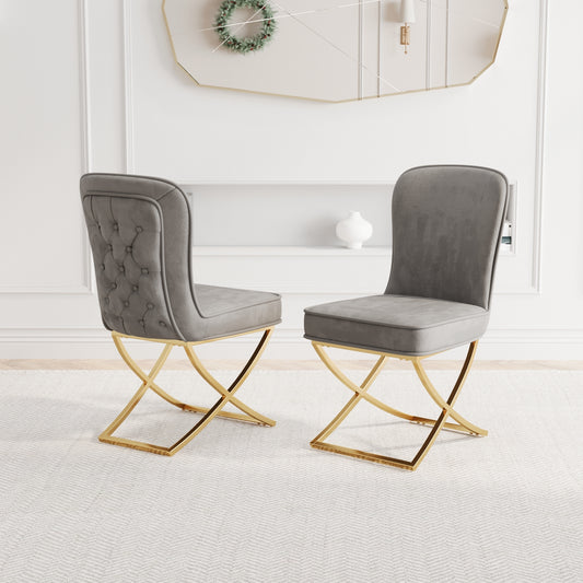 Modern Elegance Velvet Dining Chairs with Golden Metal Legs Set of 2 Grey