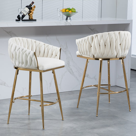 Elegant Velvet 26'' Counter Height Bar Stool with Hand-Wave Back and Golden Chrome Base Set of 2 Beige