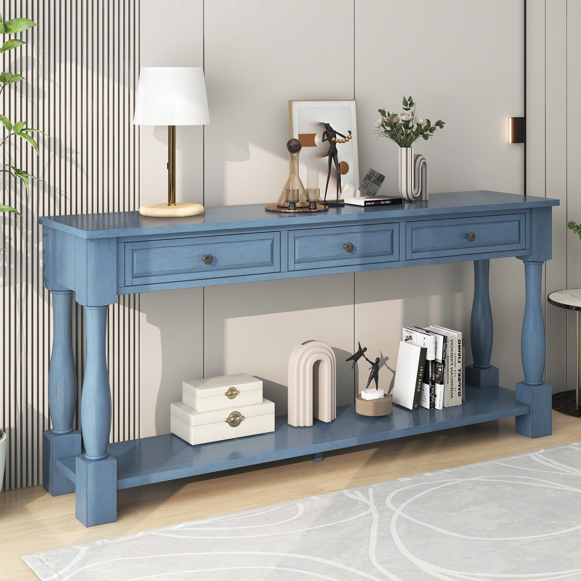 Xyla 63" Traditional 3-Drawer Console Table with Lower Shelf, Blue