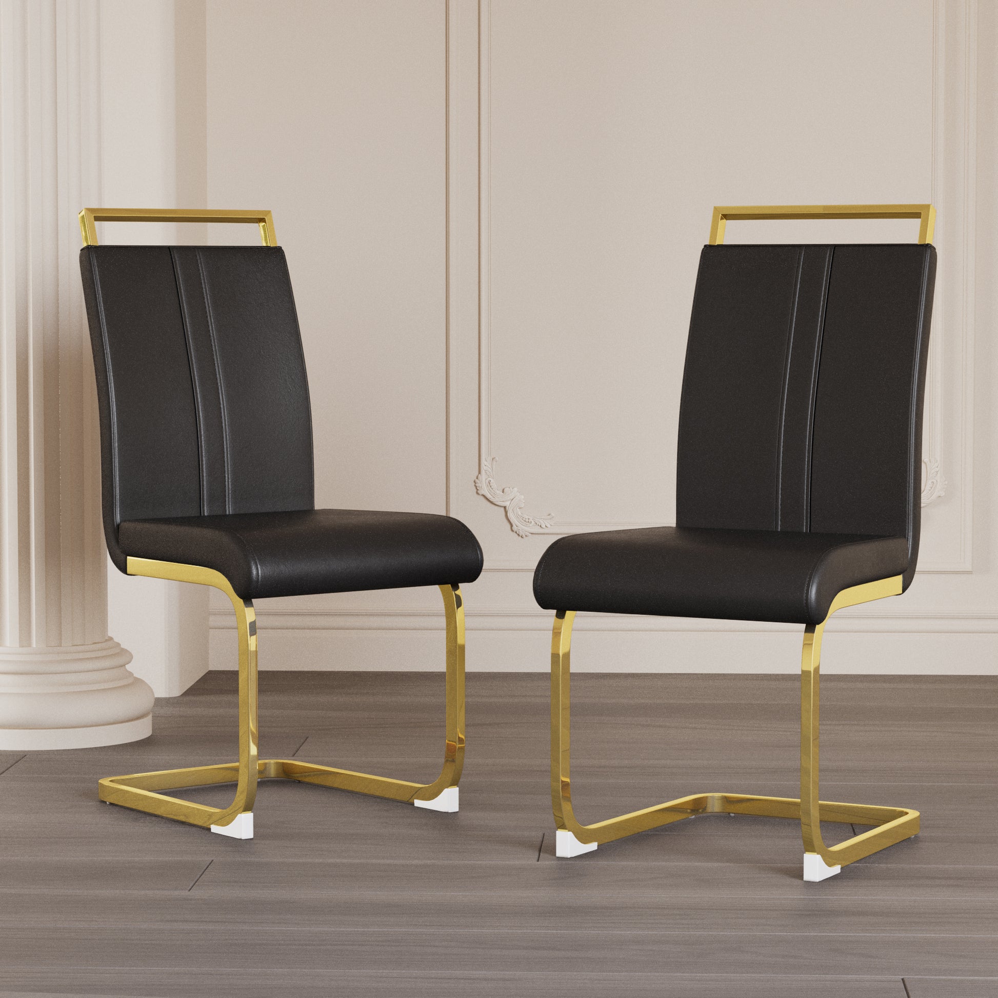 Astrid Modern PU Leather Side Chairs with Gold Legs Set of 2 , Black