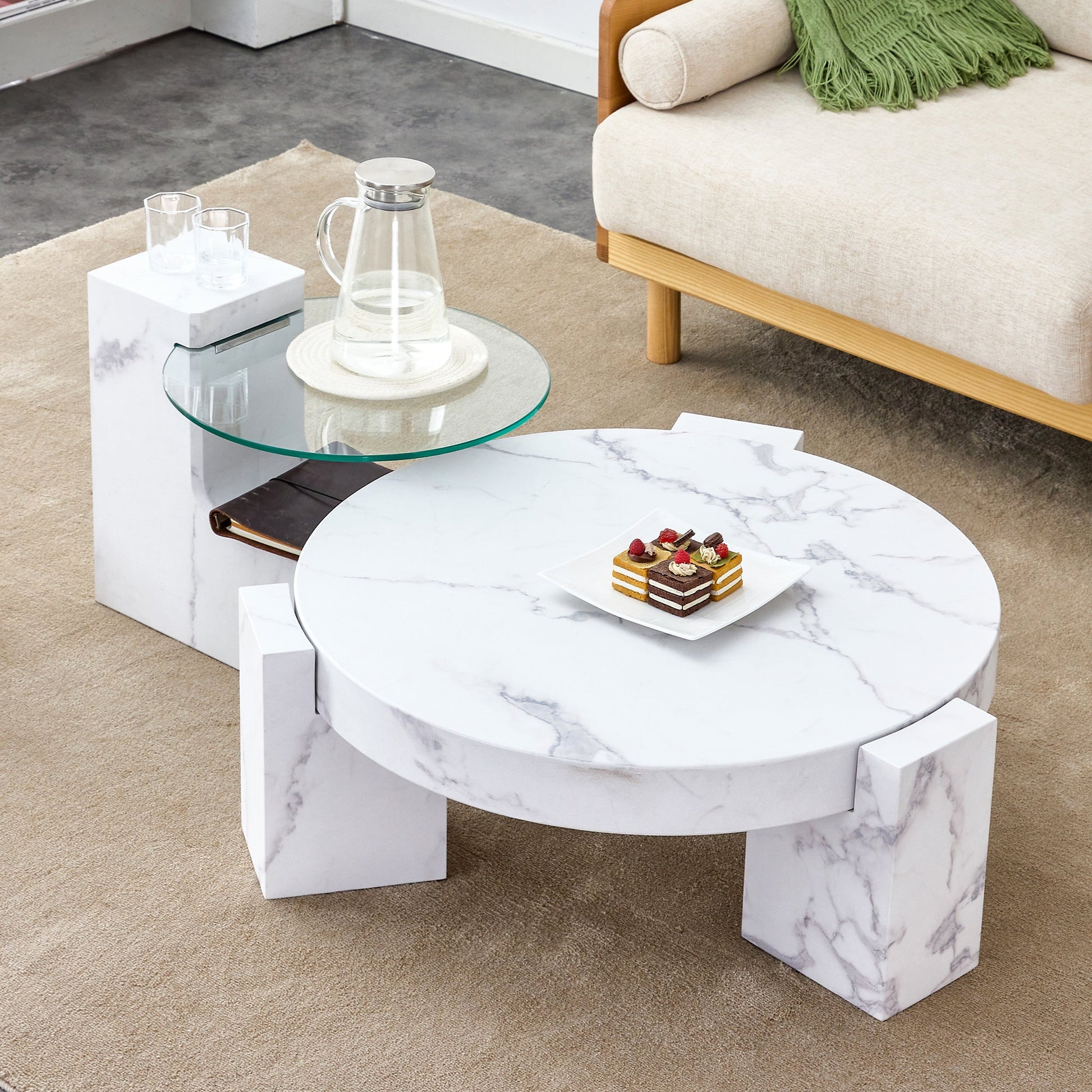 Meeker Modern 2PC Faux Marble Coffee & Side Table Set in White