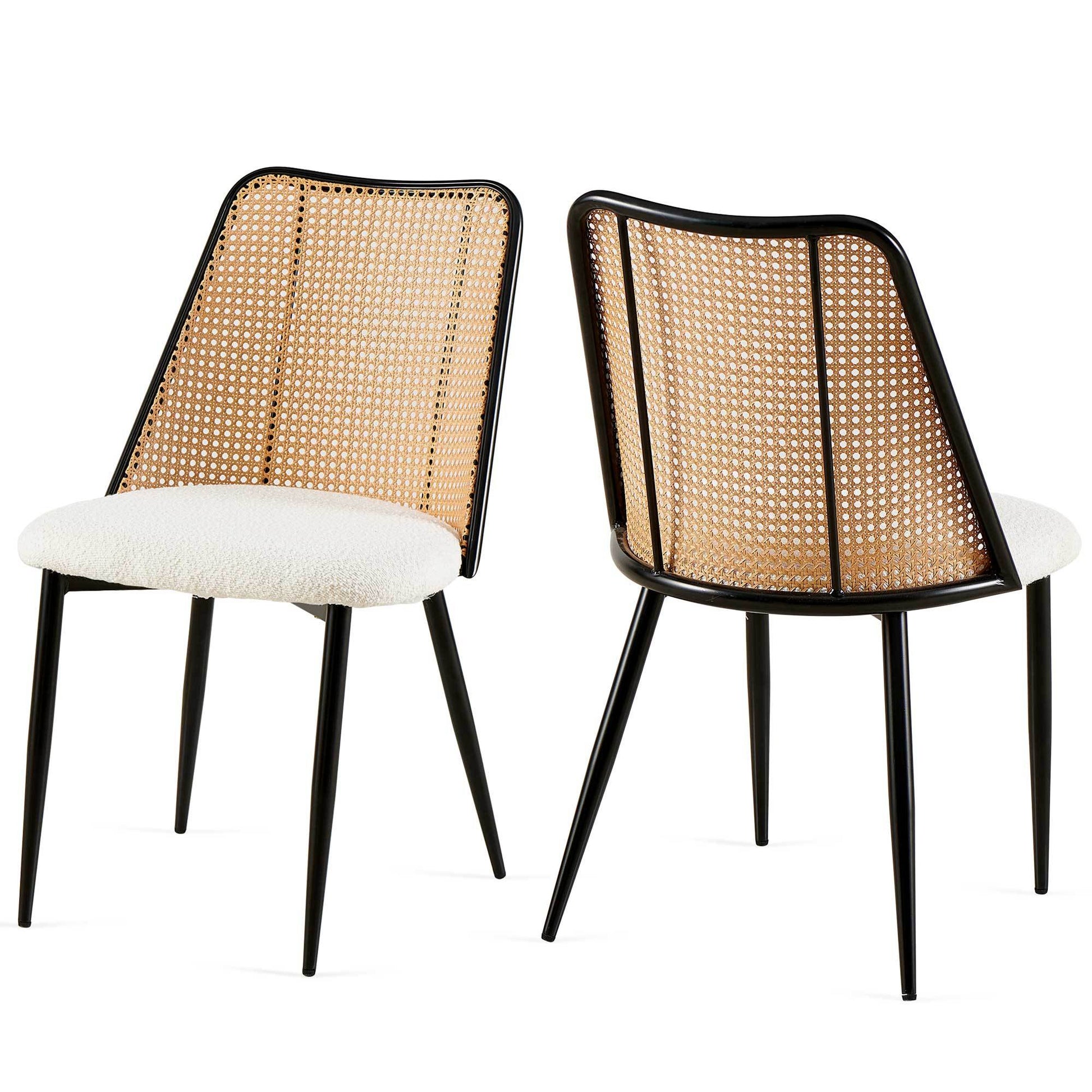 Fallon Modern Rattan Back Side Chairs with Off-White Boucle Seat Set of 2