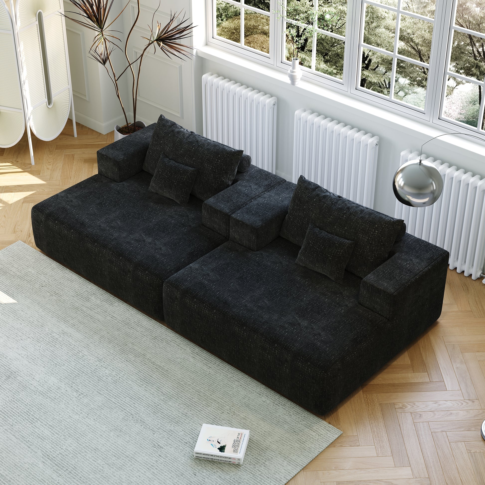 50-inch Chenille Sponge Sofa Lounge Black Fluffy Modern Sleeper Chair