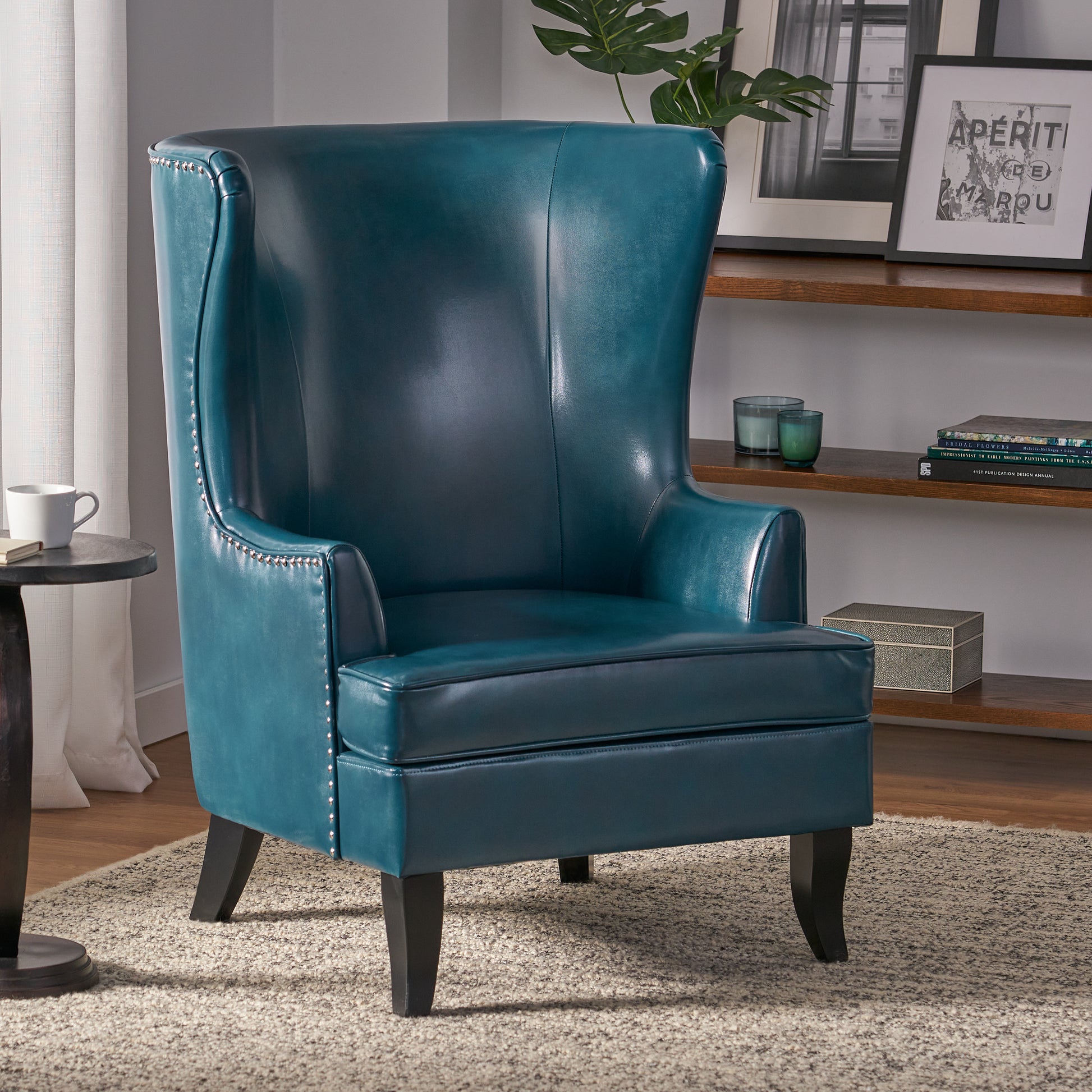 Canterbury Modern Leather High Back Chair with Silver Nailhead, Teal