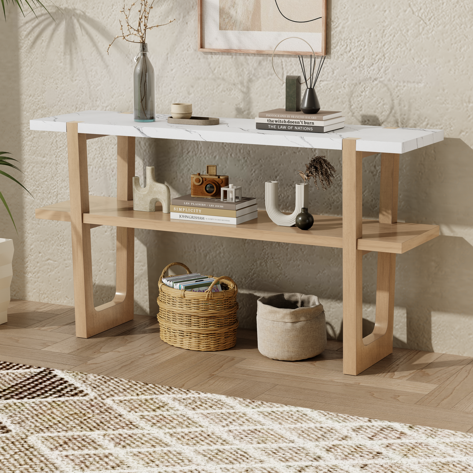 Idalia Elegant Console Table with Faux Marble Top, Natural