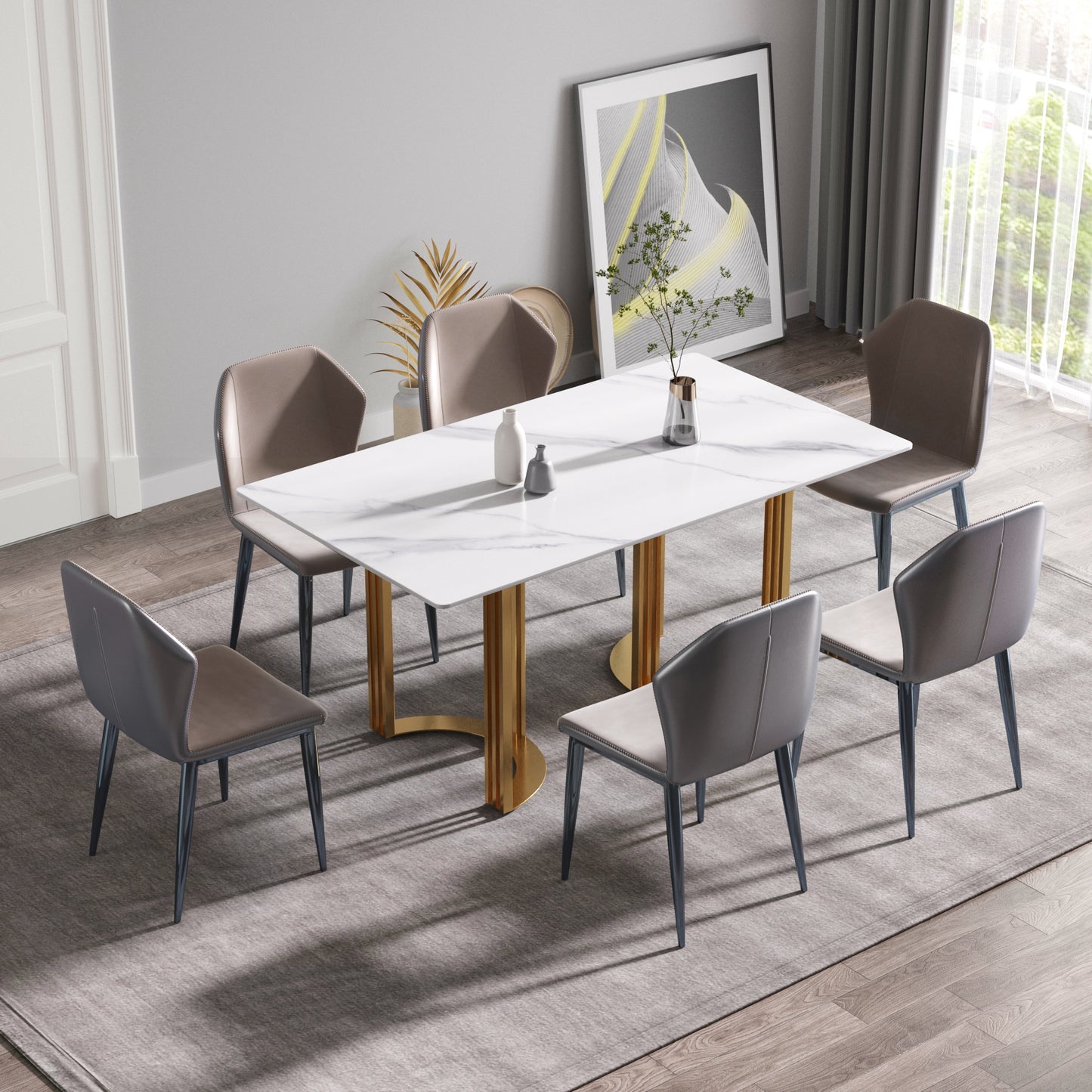 Moto Modern 63" White Sintered Stone Dining Table with Gold Legs