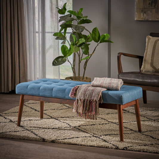 Altman Mid-Century Modern Rectangular Ottoman with Upholstered Top & Walnut Base, Blue