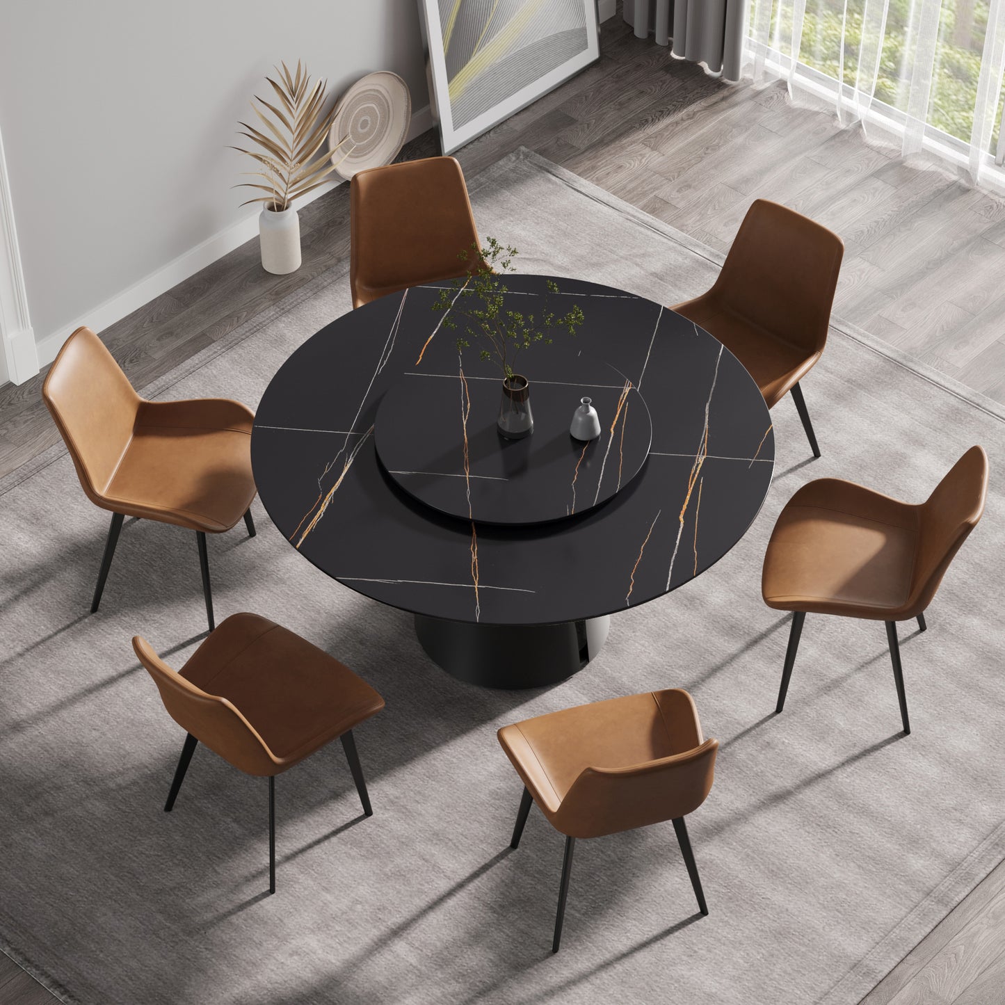 Caspian II 59" Round Modern Black Faux Marble Dining Table