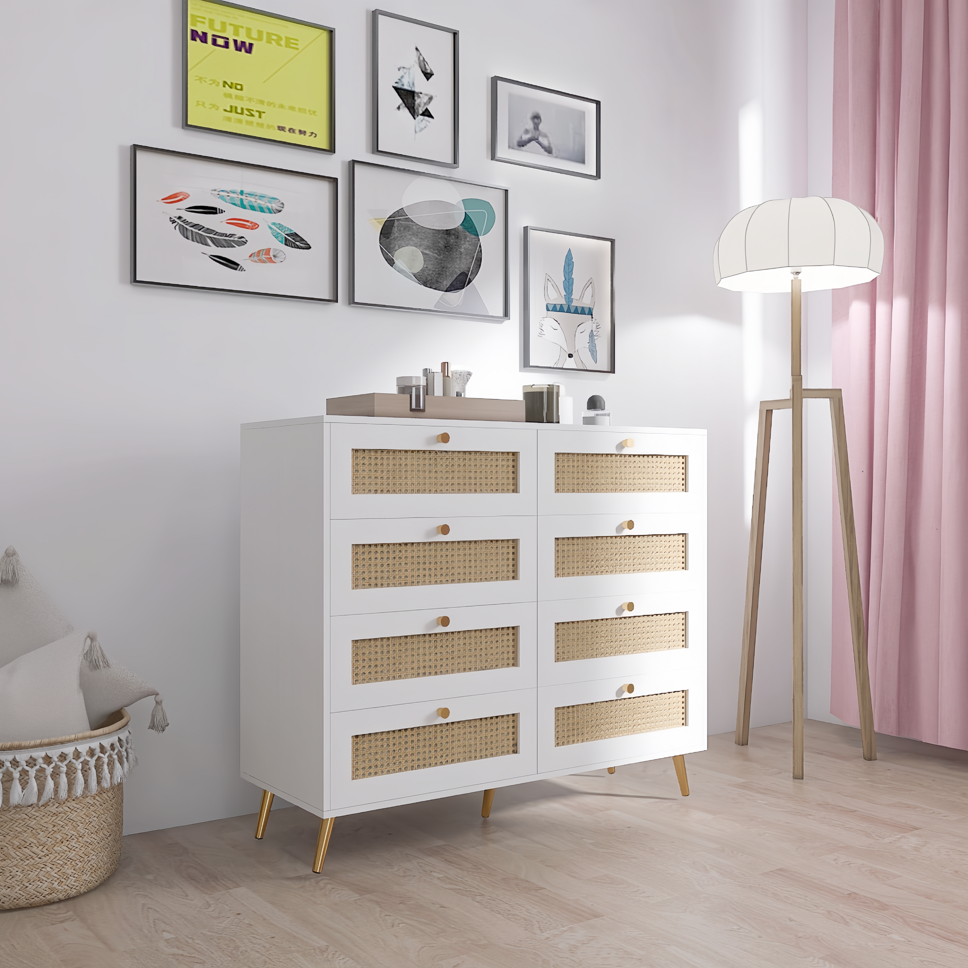 Whitney 8-Drawer Dresser with Rattan Drawer Fronts & Gold Legs