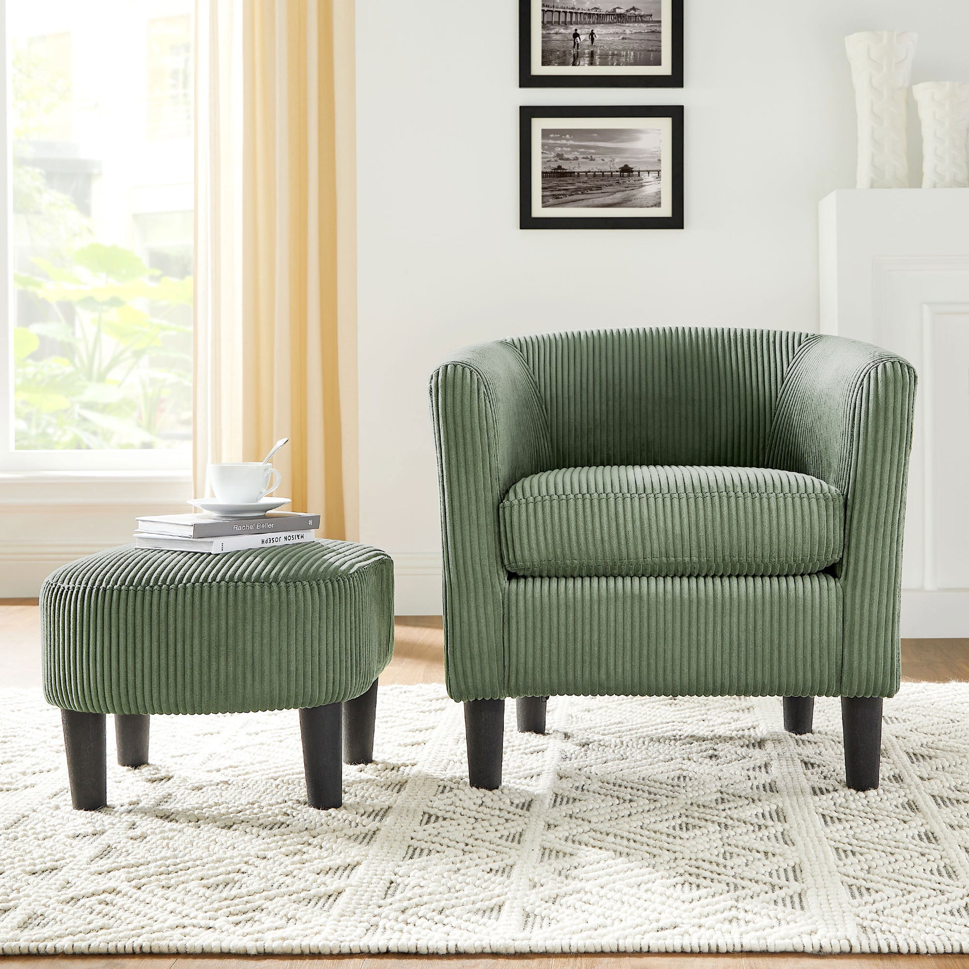 Xara Modern Corduroy Upholstered Chair & Ottoman Set, Green