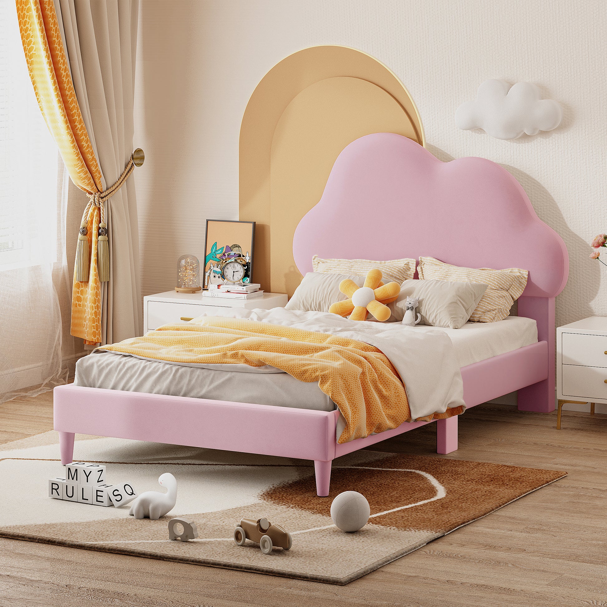 Melodi Cloud Shape Velvet Youth Platform Bed, Pink