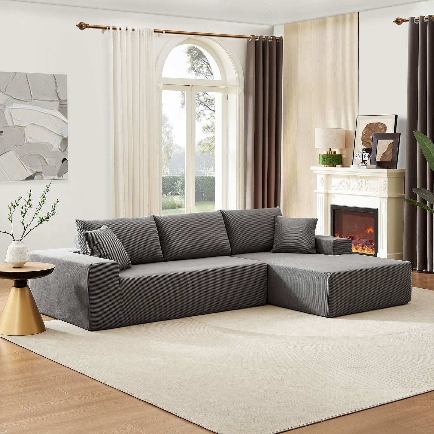 Leander Mid-Century Modern Corduroy Upholstered Sectional, Gray