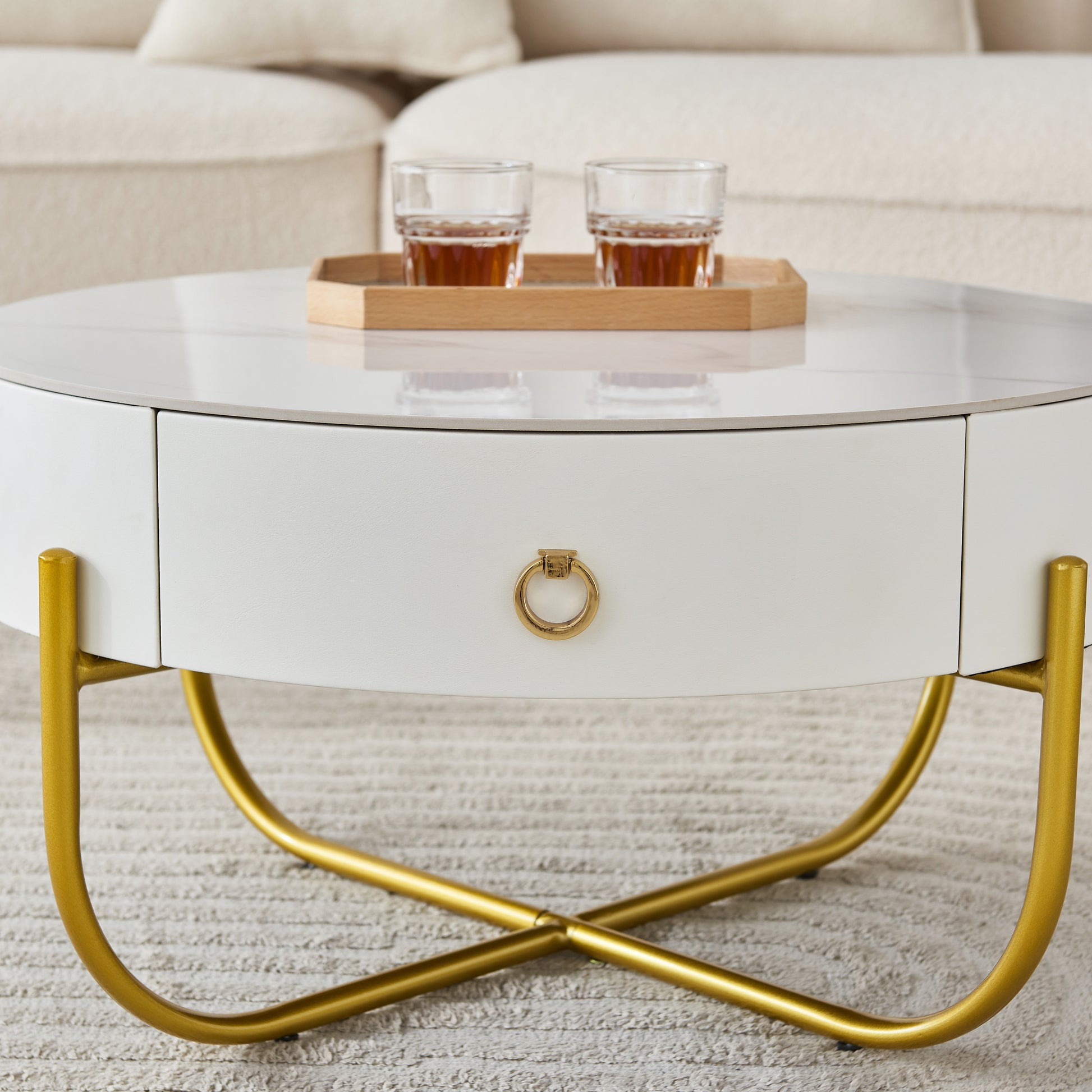 Sandy Modern Faux Marble Nesting Tables, White & Gold