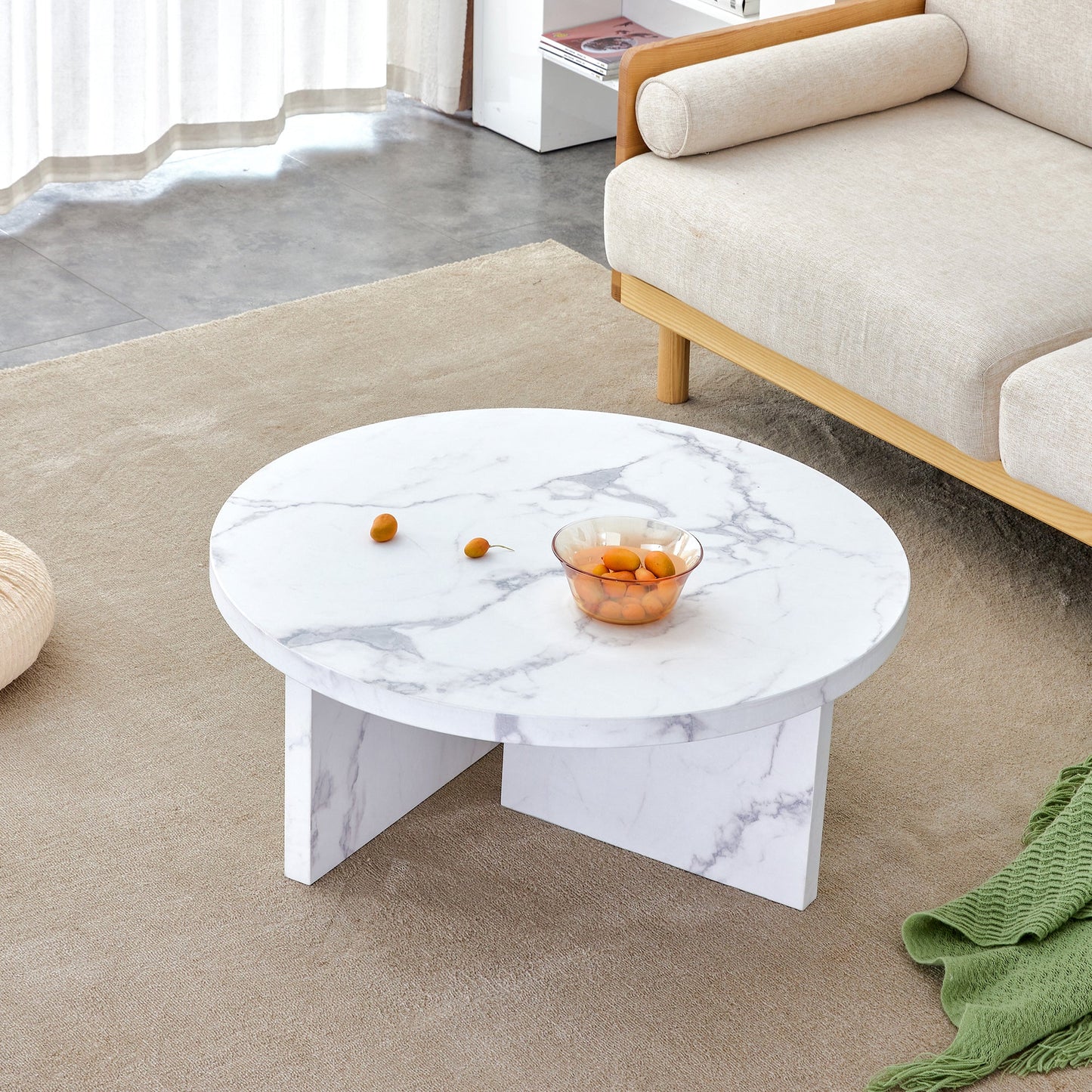 Link Modern Round Faux Marble Coffee Table in White