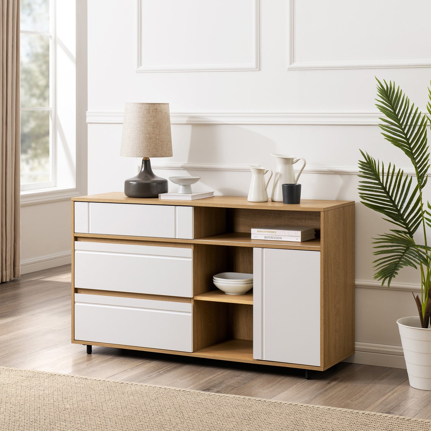 Lennox Mid-Century Modern Sideboard with Open Storage – Coastal Oak / Solid White