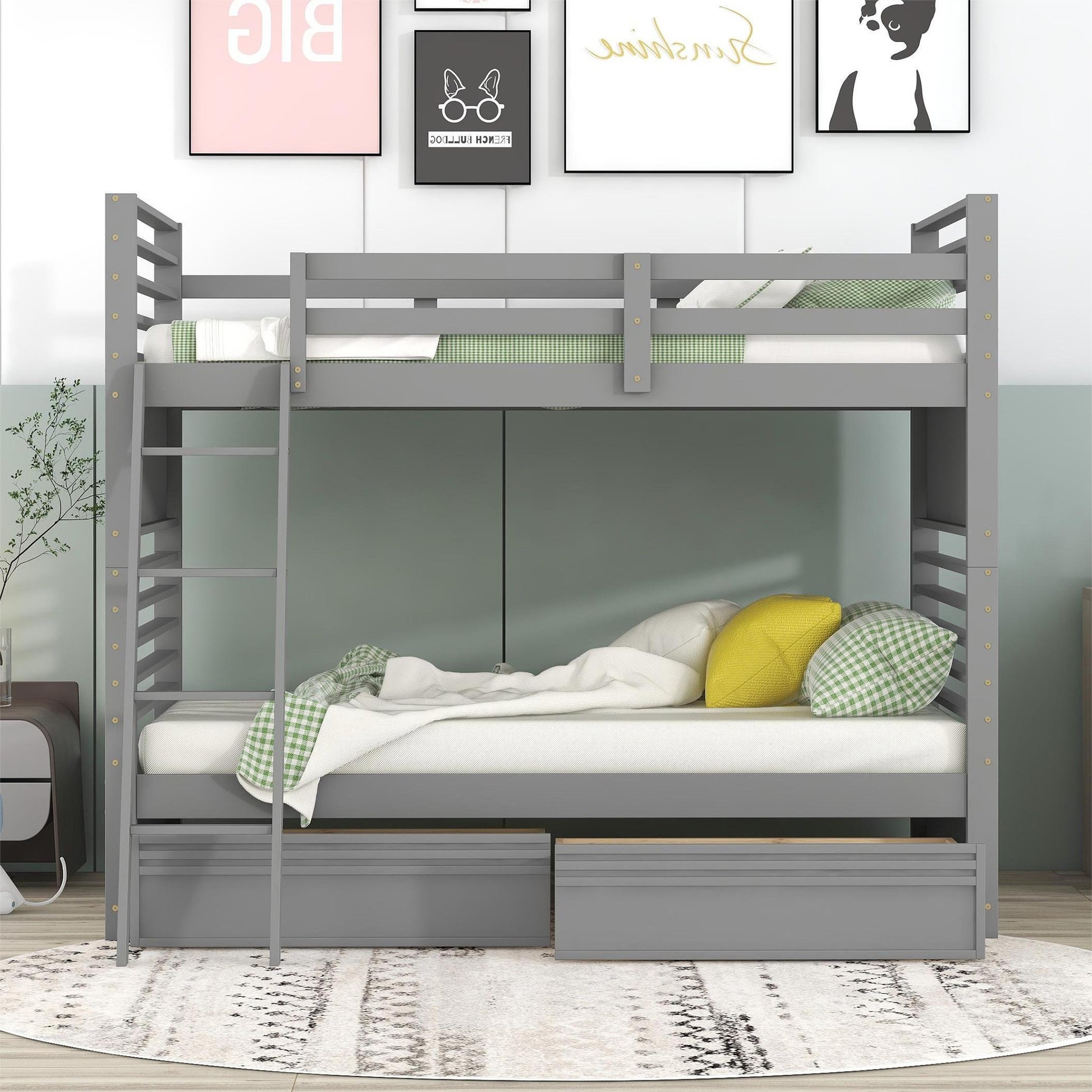 Rachel Twin over Twin Wood Bunk Bed with Two Drawers - Gray