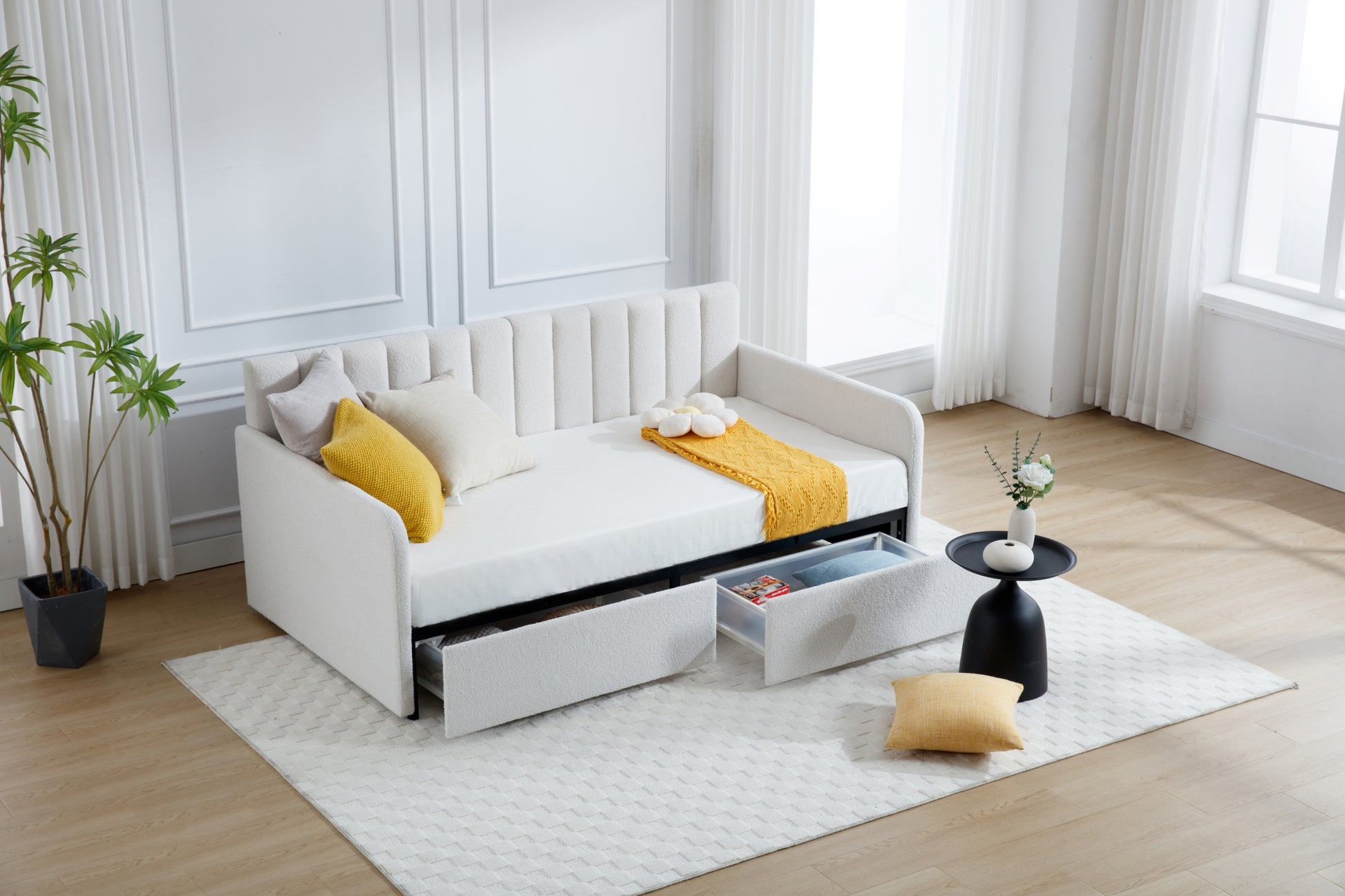 Flora Modern Ivory Boucle Upholstered Twin Daybed with 2 Drawers