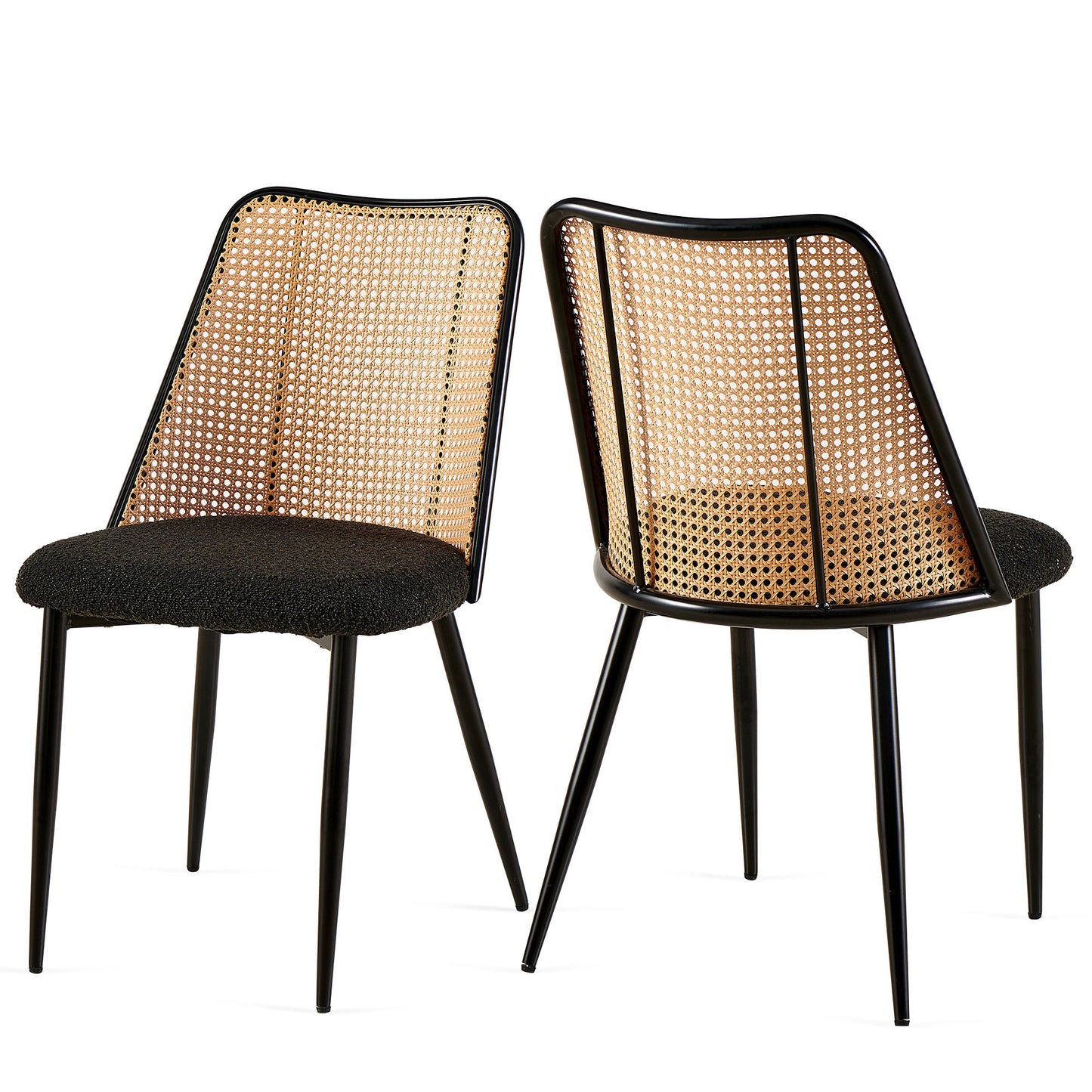 Fallon Modern Rattan Back Side Chairs with Black Boucle Seat Set of 2