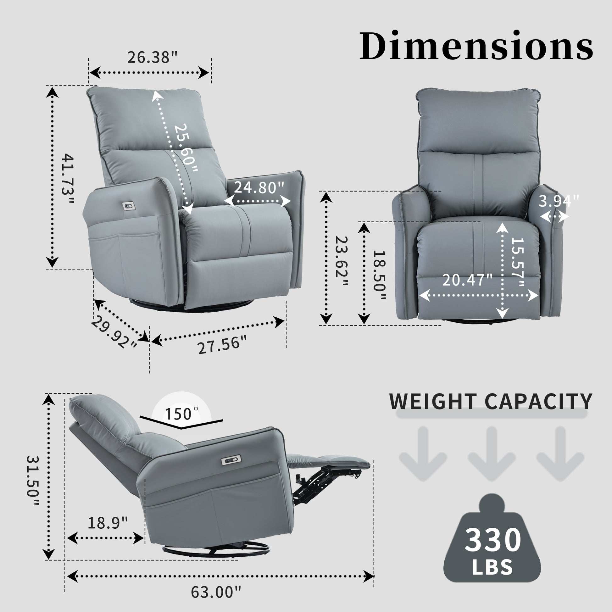 Carls PU Leather Power Swivel Rocker Recliner, Gray