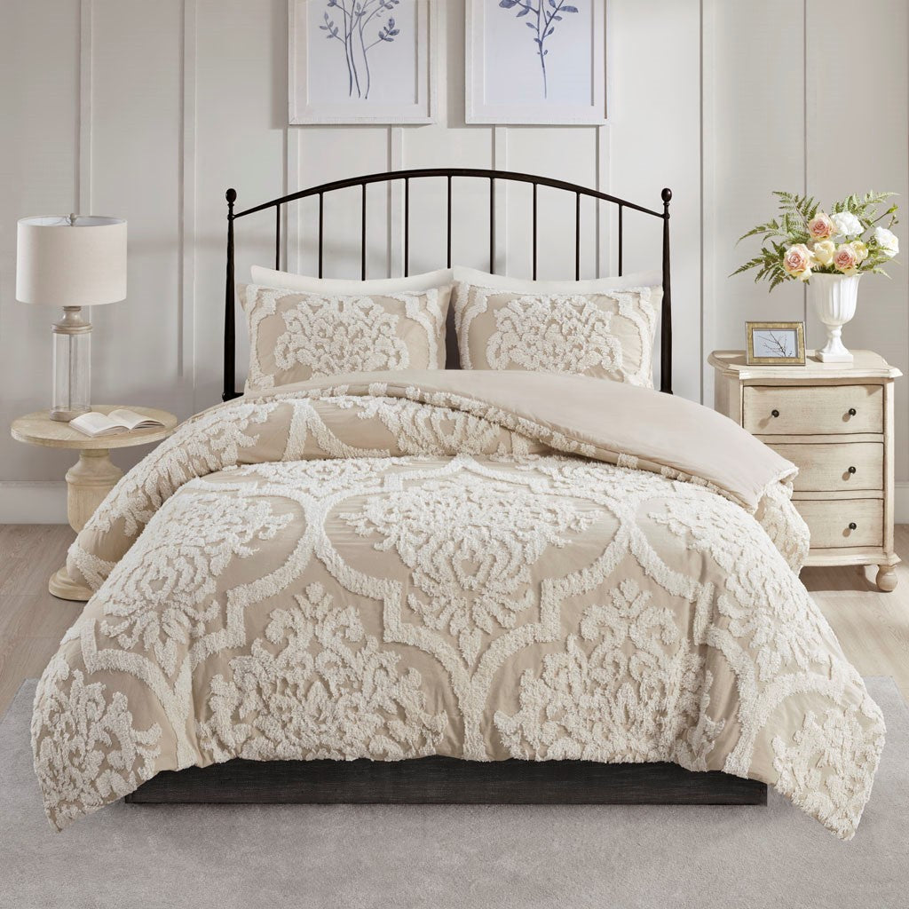 3 piece Tufted Cotton Chenille Damask Duvet Cover Set