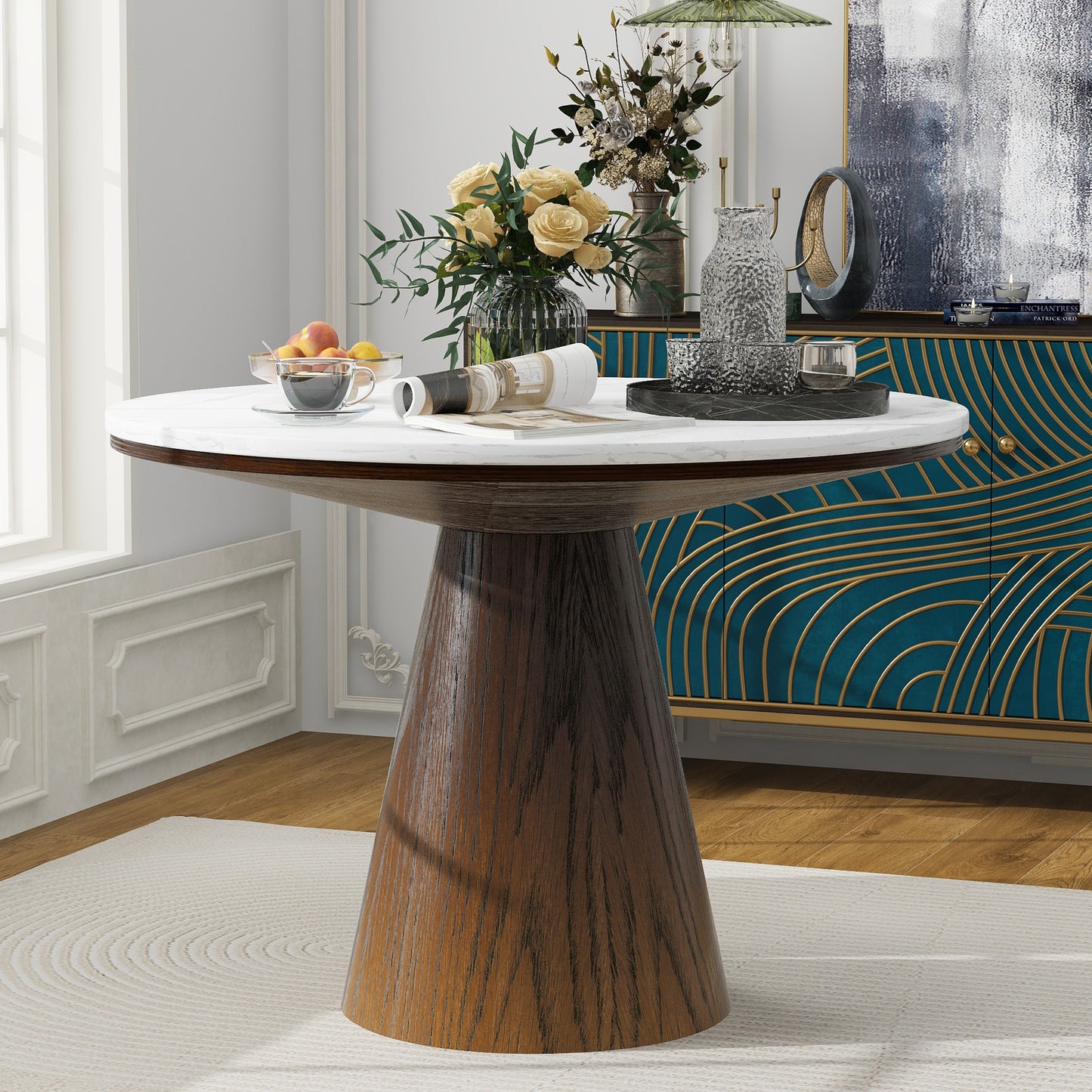 Verena 45" Round Mid-Century Modern Dining Table , White & Brown