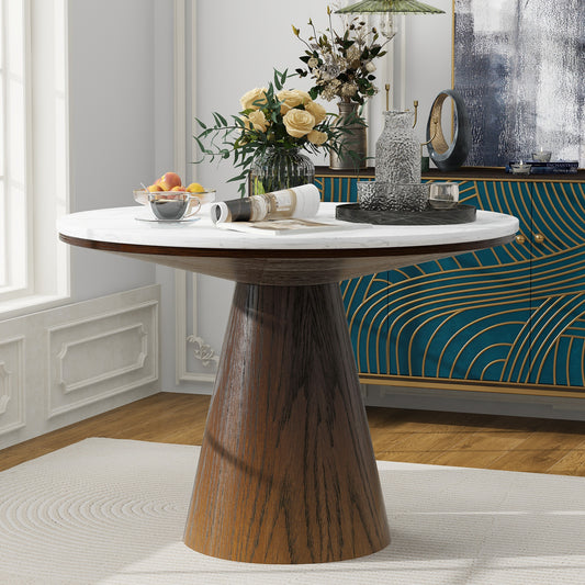 Verena 45" Round Mid-Century Modern Dining Table , White & Brown