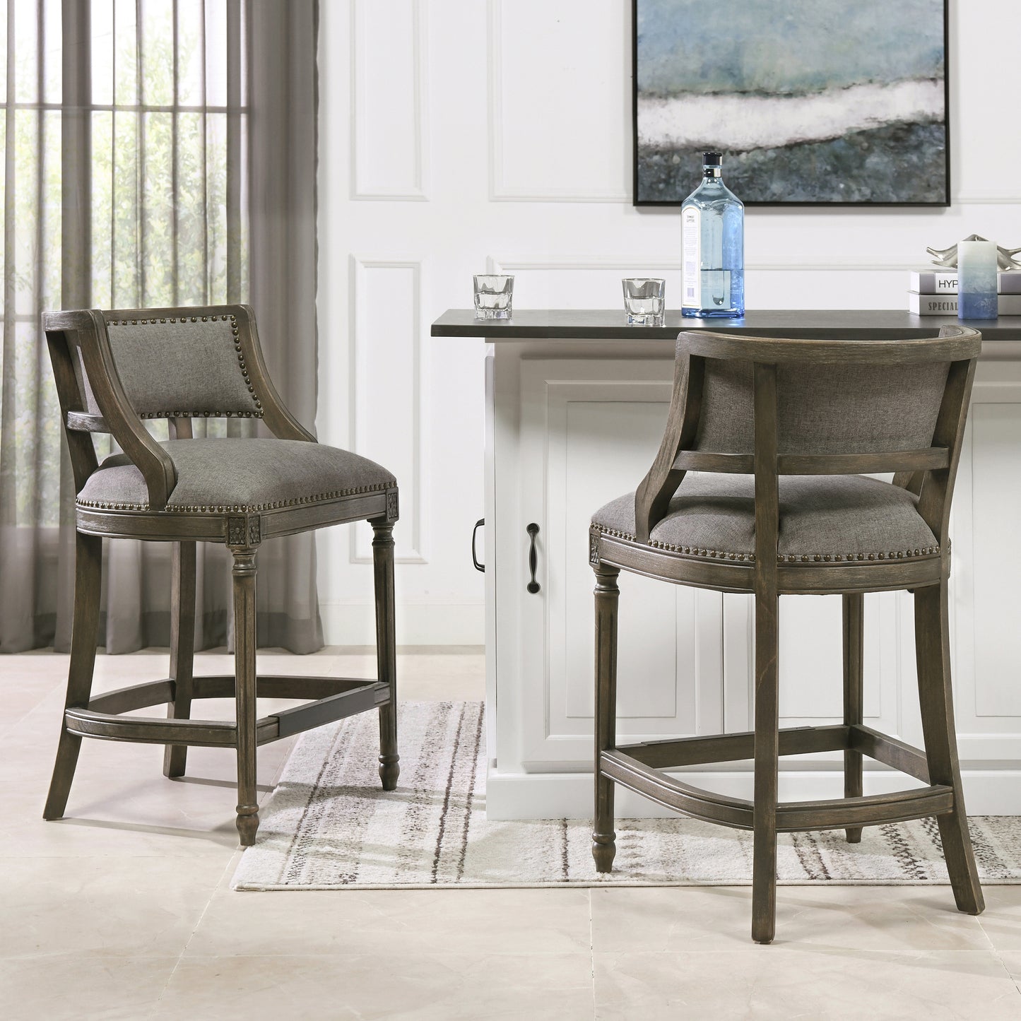 Paris 26.5” Farmhouse Counter Height Bar Stool with Backrest, Weathered Grey Linen