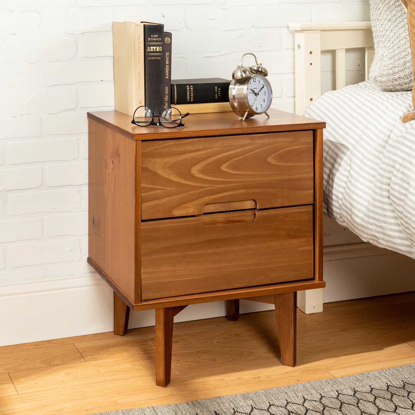 Constance Mid-Century Modern 2-Drawer Solid Wood Nightstand, Caramel