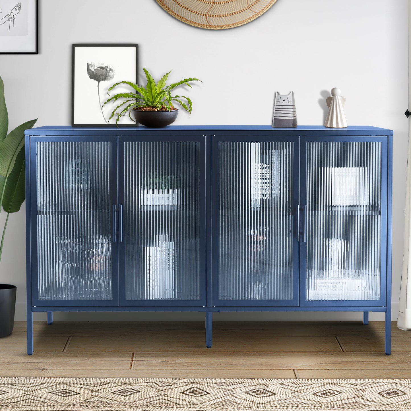 Zane 4-Door Metal Accent Cabinet with Tempered Glass Doors, Blue