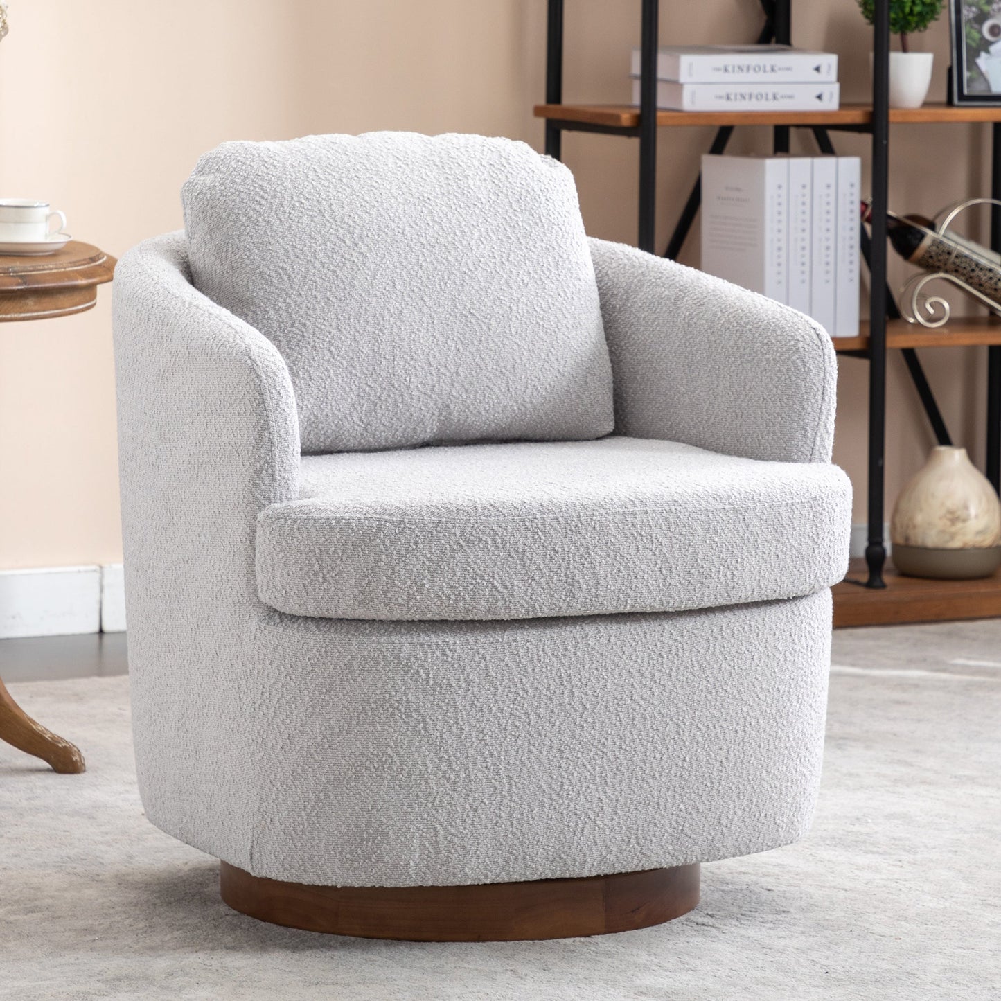 Barley Boucle Upholstered Swivel Accent Chair with Wooden Base - Gray