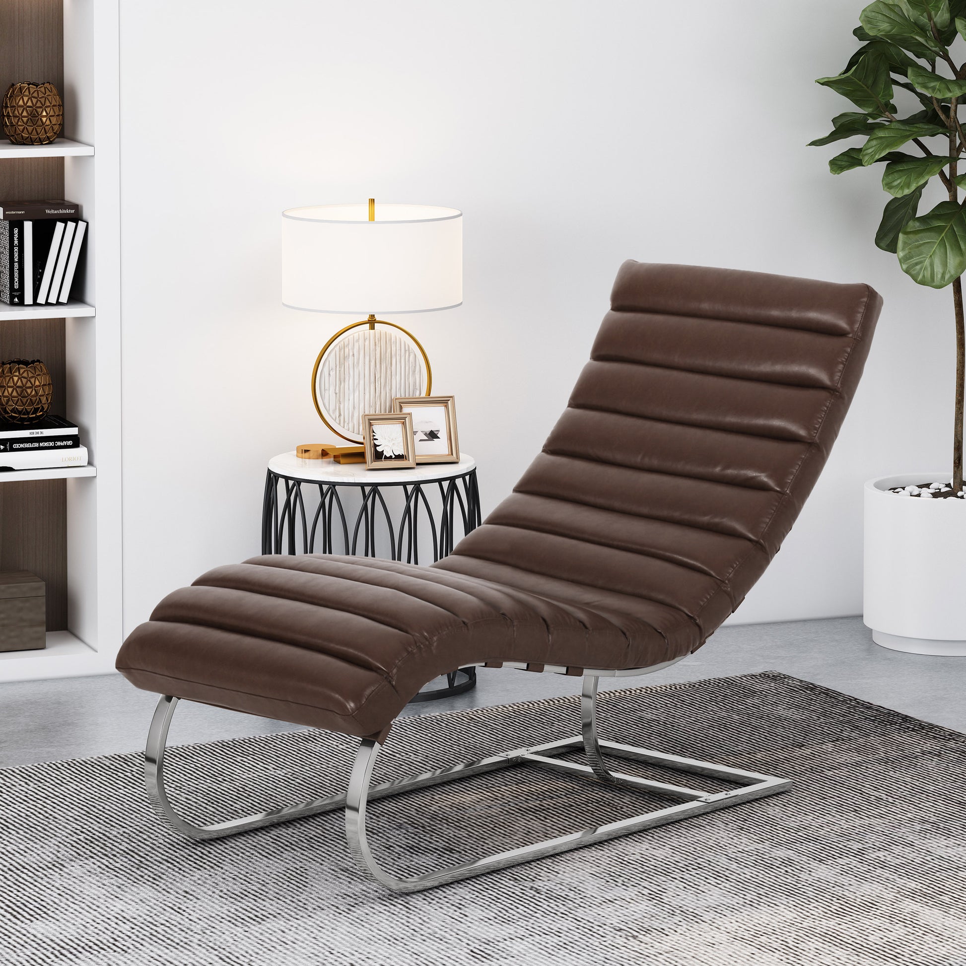 Galina Modern S-Chaise in PU Leather with Silver Legs, Brown